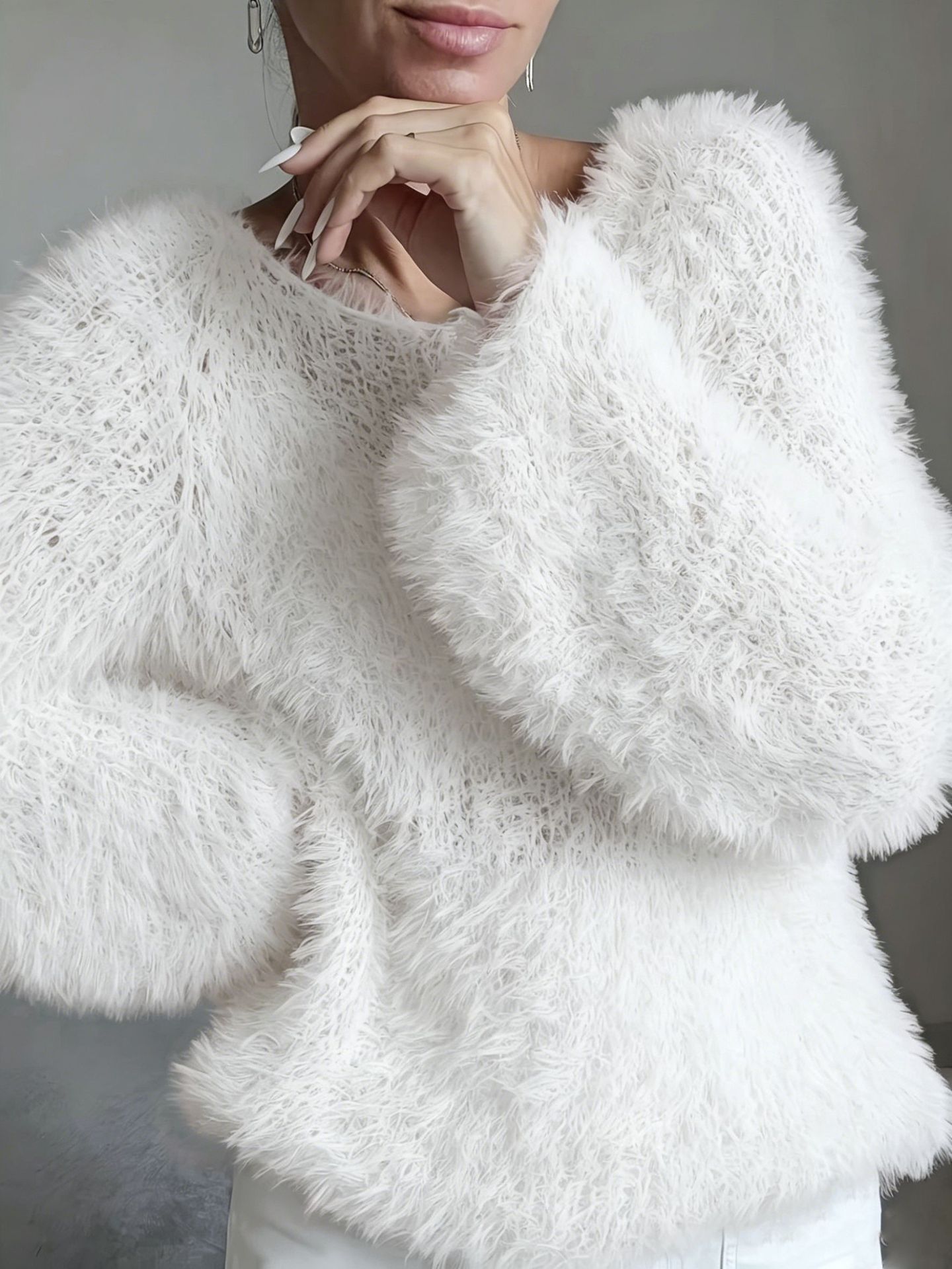 Women's Fluffy Fuzzy Sweater, Crew Neck Long Sleeve Shaggy Pullover Top, Solid Color Relaxed Fit Textured Knitwear, Multiple Colors