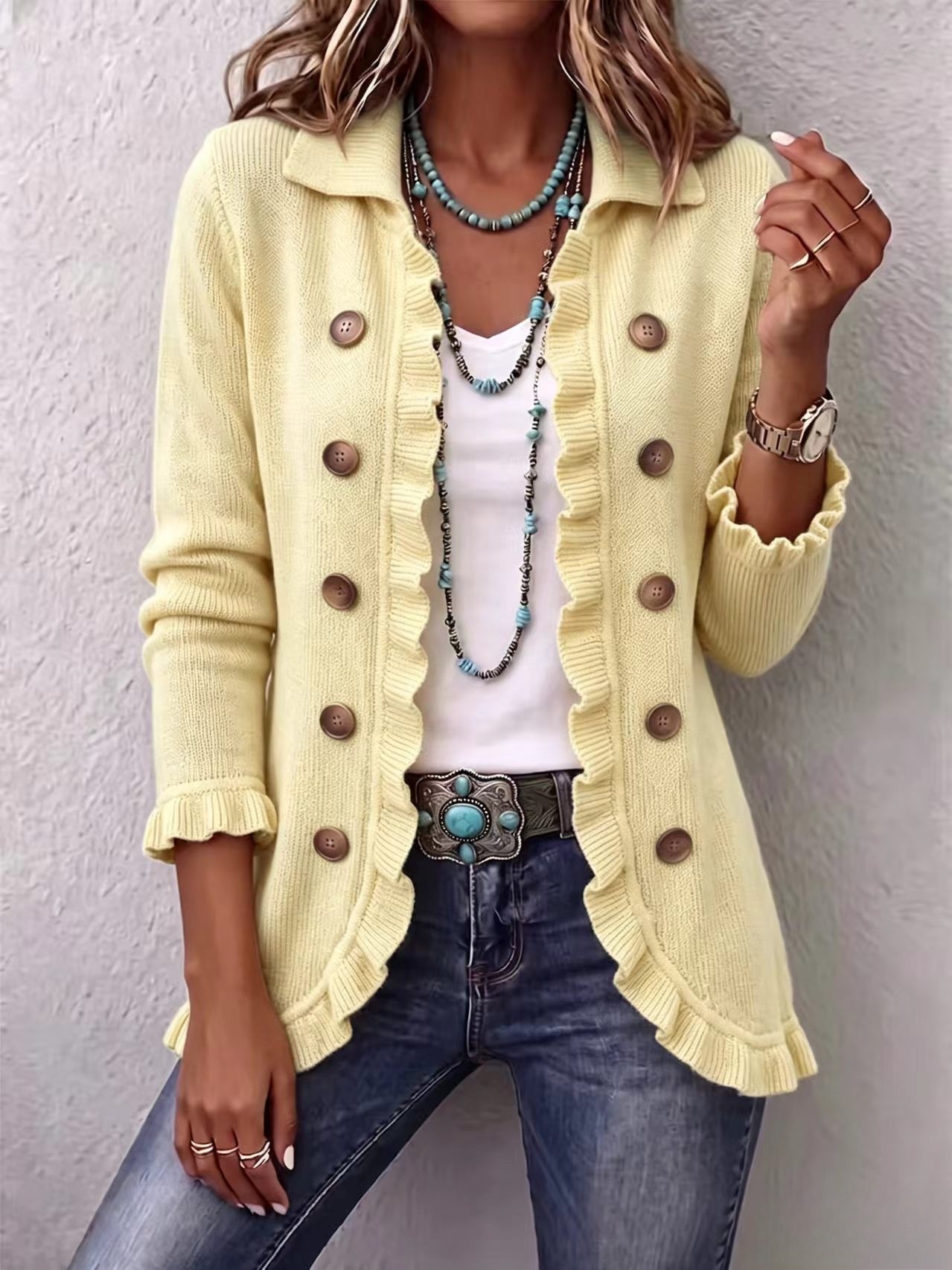 Women’s Ruffle Knit Cardigan – Long Sleeve Button Front Open Sweater Jacket