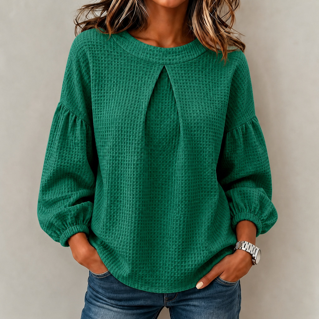 Women’s Solid Waffle Knit Lantern Sleeve Crew Neck Long Sleeve Tops