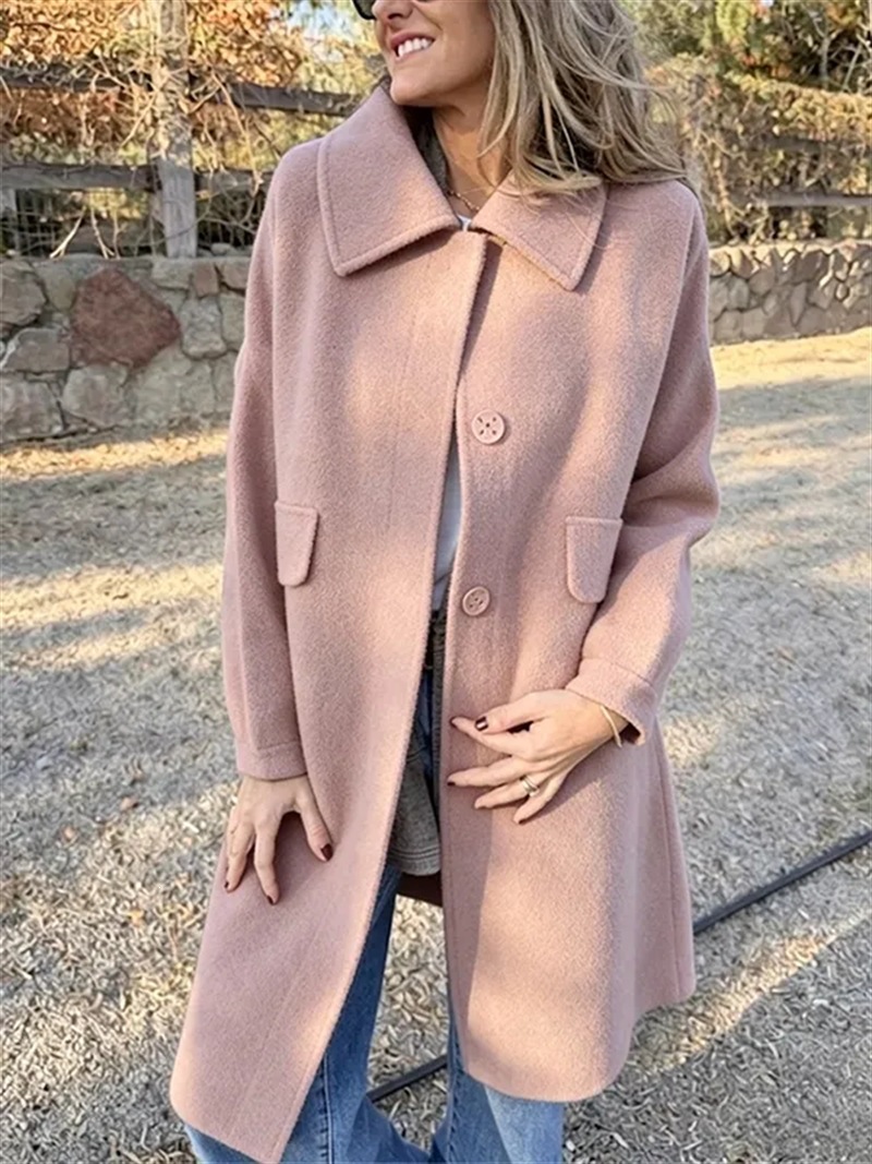 Women's Lapel Collar Mid‑Length Coat, Casual Single‑Breasted Loose Long Sleeve Outerwear, Polyester Fall Winter Warm Overcoat