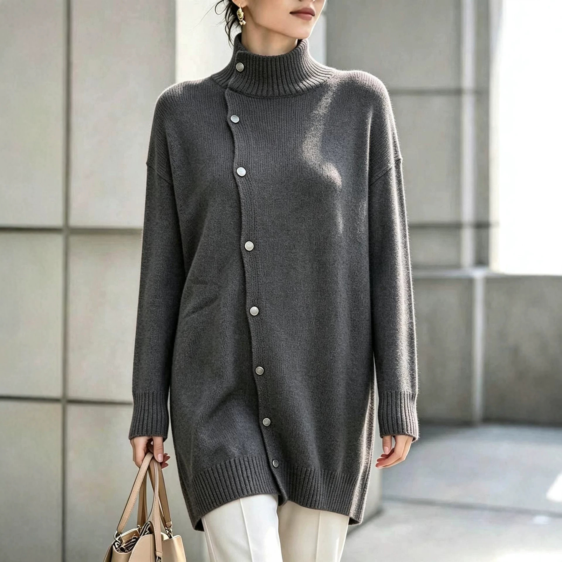 Women’s Turtleneck Button Front Sweater – Long Sleeve Oversized Knit Pullover Casual Cardigan Top