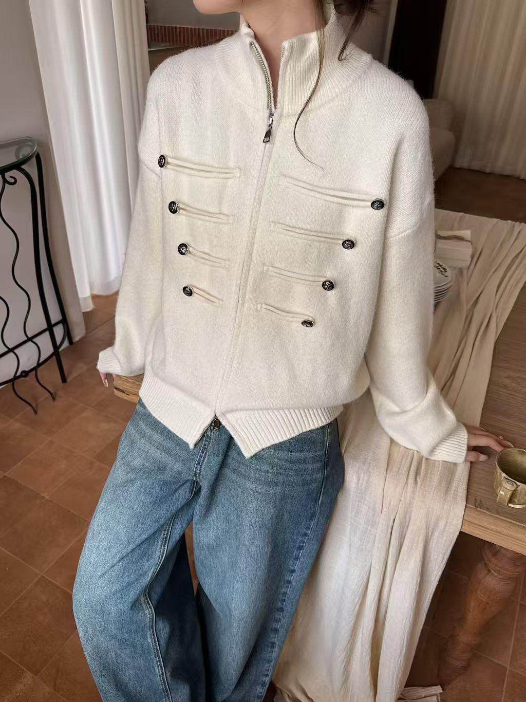 Women's Casual Mock Neck Zip Up Knit Sweater Long Sleeve Pullover Top, Solid Color Ribbed Knit Lightweight Sweater for Fall Winter