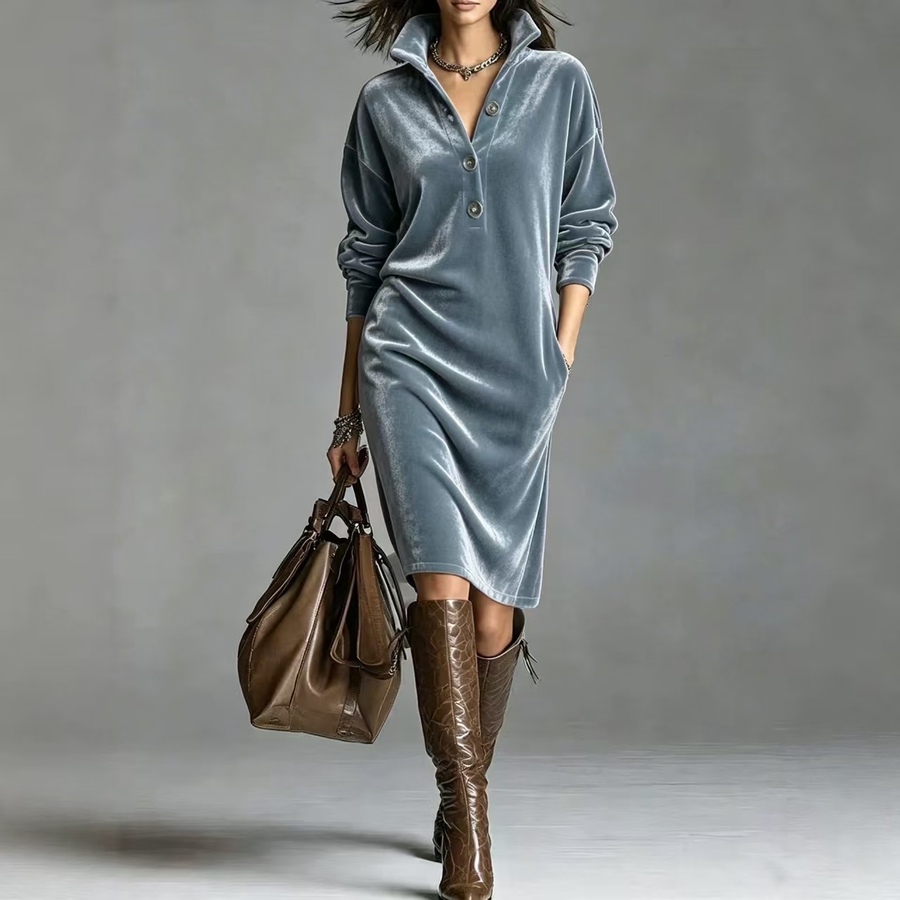 Women’s Velvet Shirt Dress – Long Sleeve Button Down Loose Fit Midi Dress