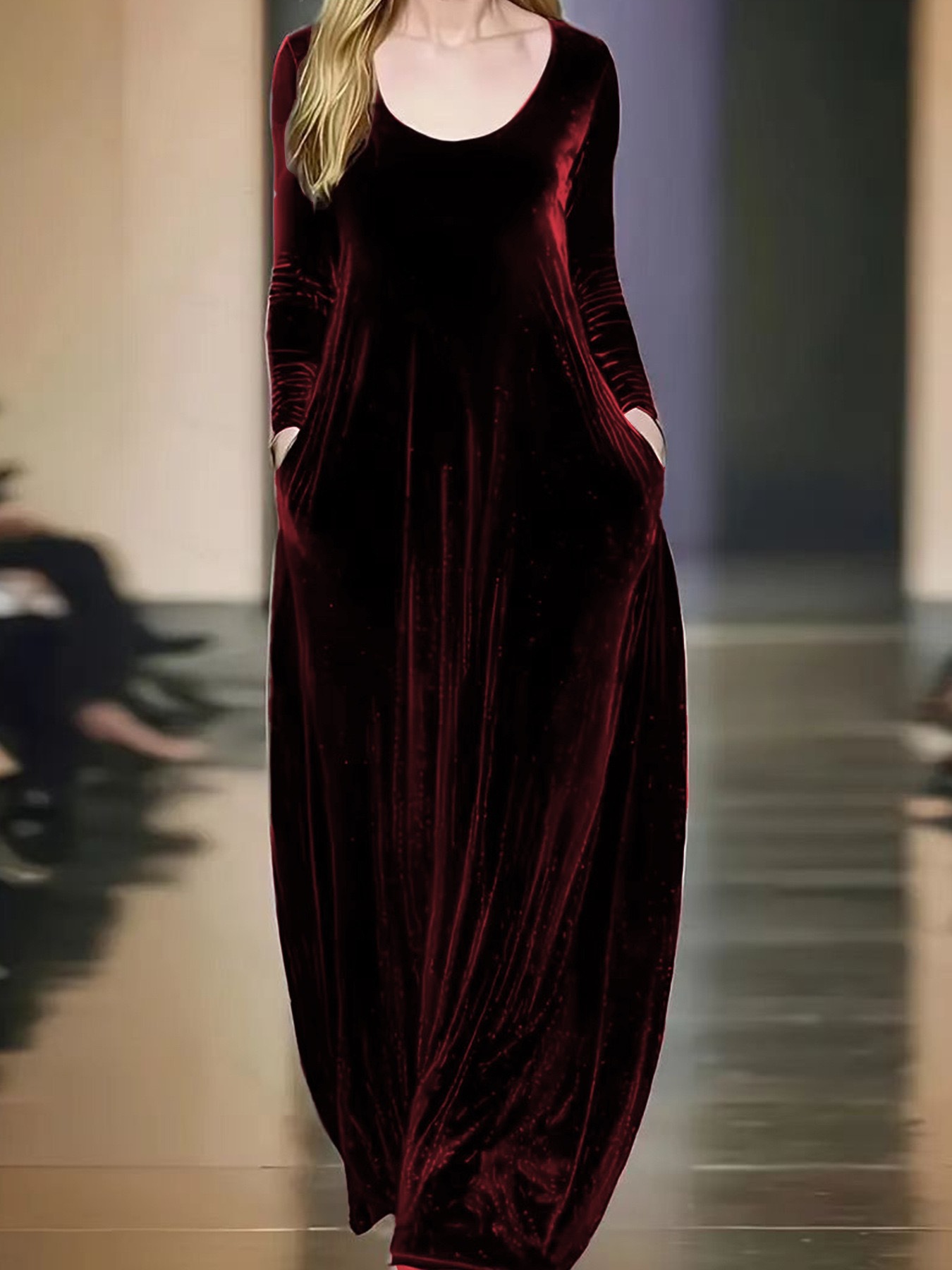 Women’s Long Sleeve Velvet Maxi Dress with Pockets