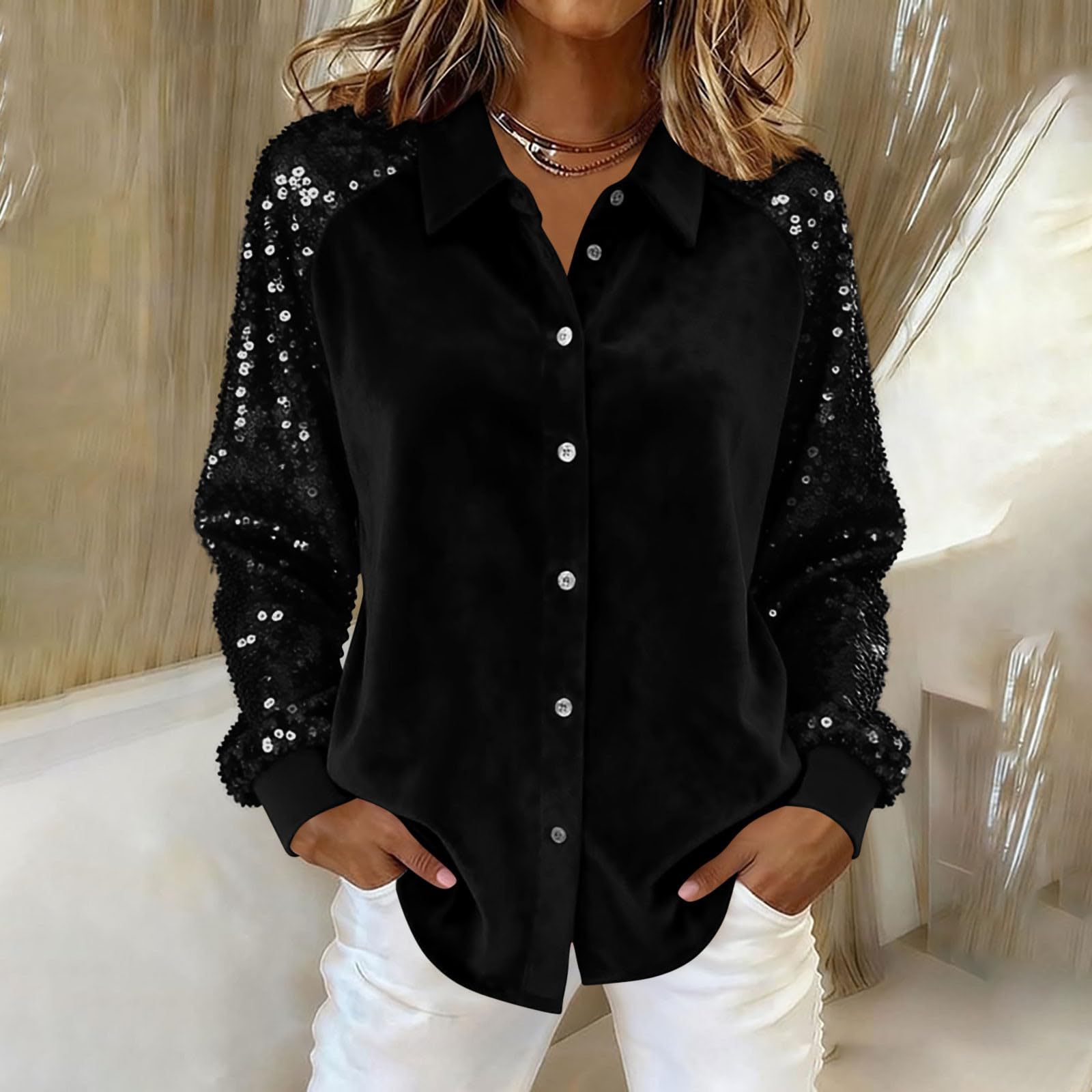 Women's Velvet Button Down Shirt Sequin Long Sleeve Blouse Elegant Sparkle Party Top Casual Luxury Shirt for Fall Winter