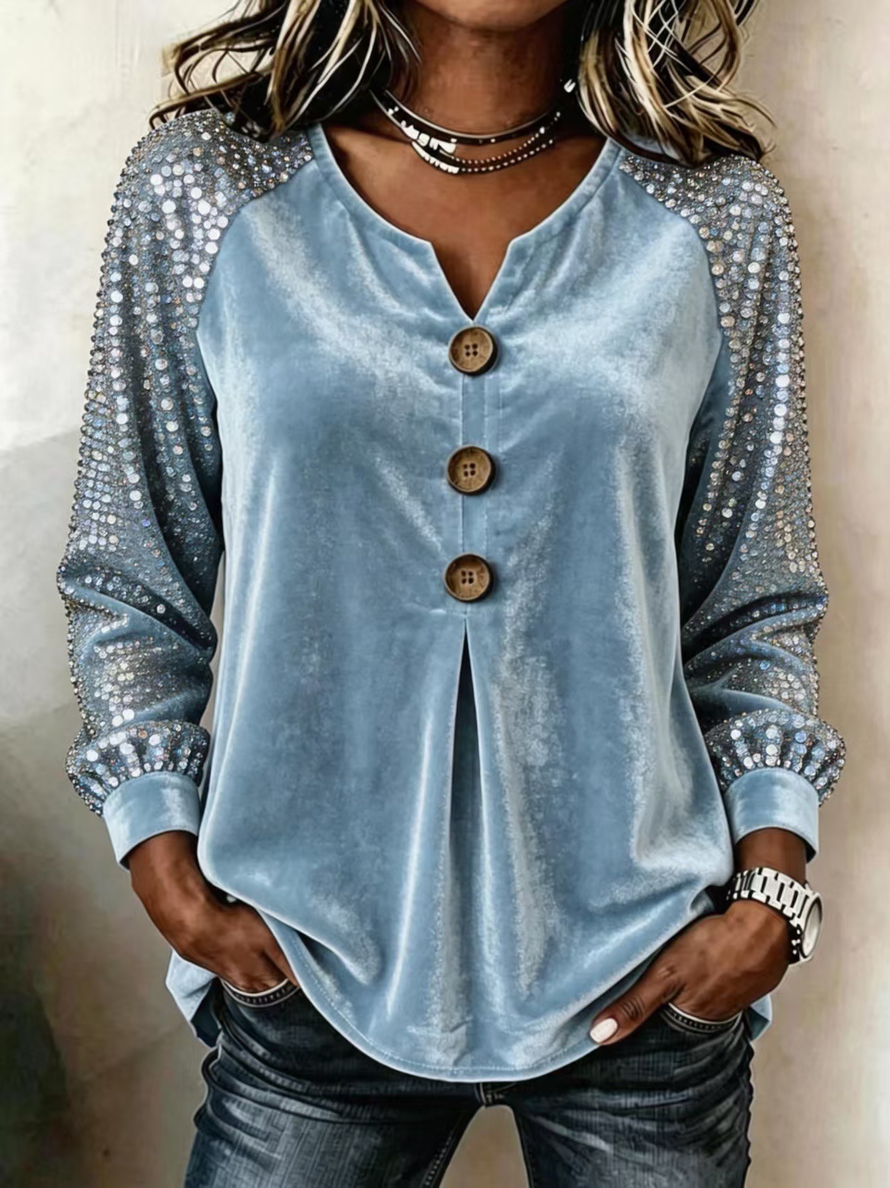 Women's Velvet Blouse Long Sleeve Sequin Sleeve Top V Neck Button Down Elegant Party Casual Shirt