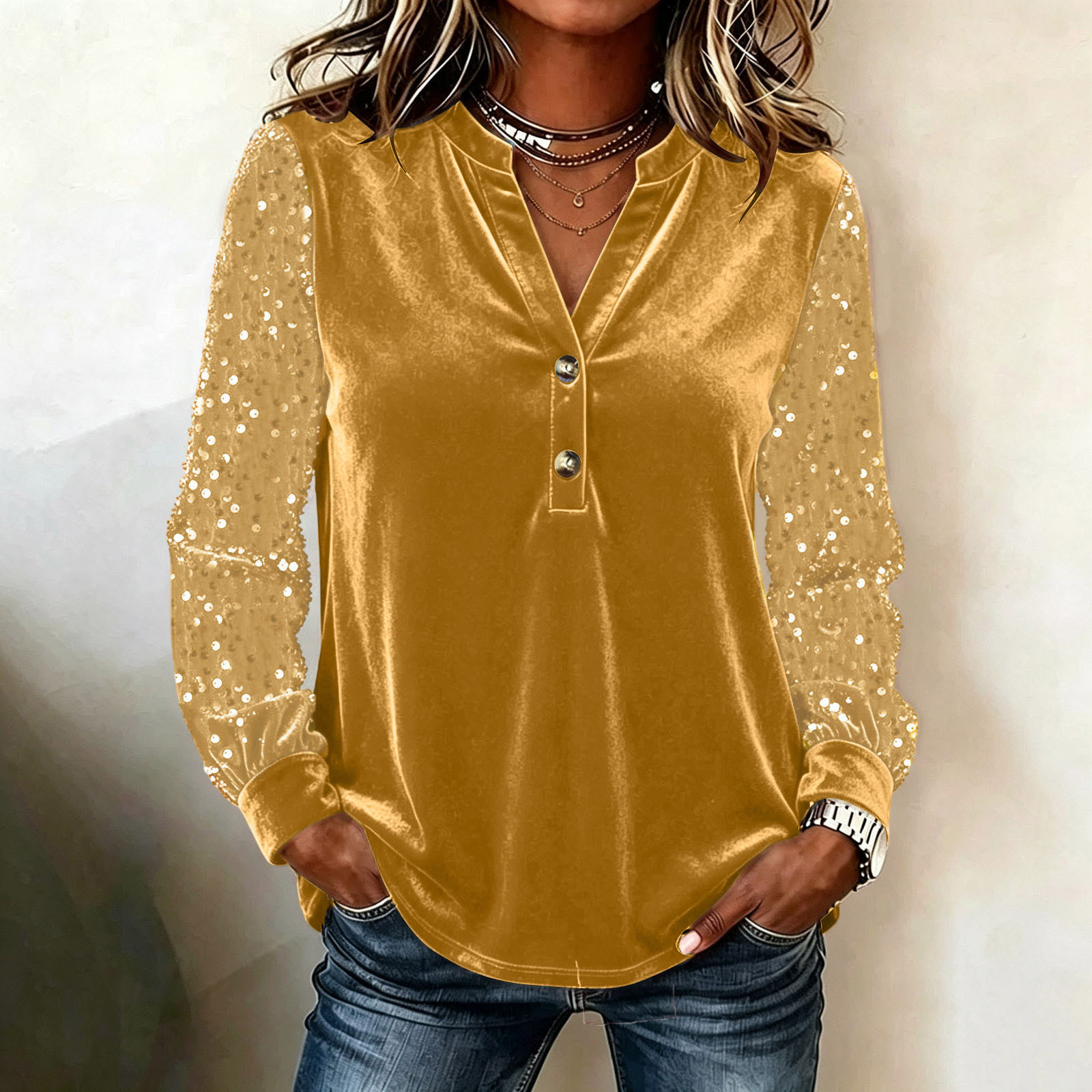 Women's Velvet Blouse Long Sleeve Sequin Sleeve Top V Neck Button Front Elegant Party Casual Shirt