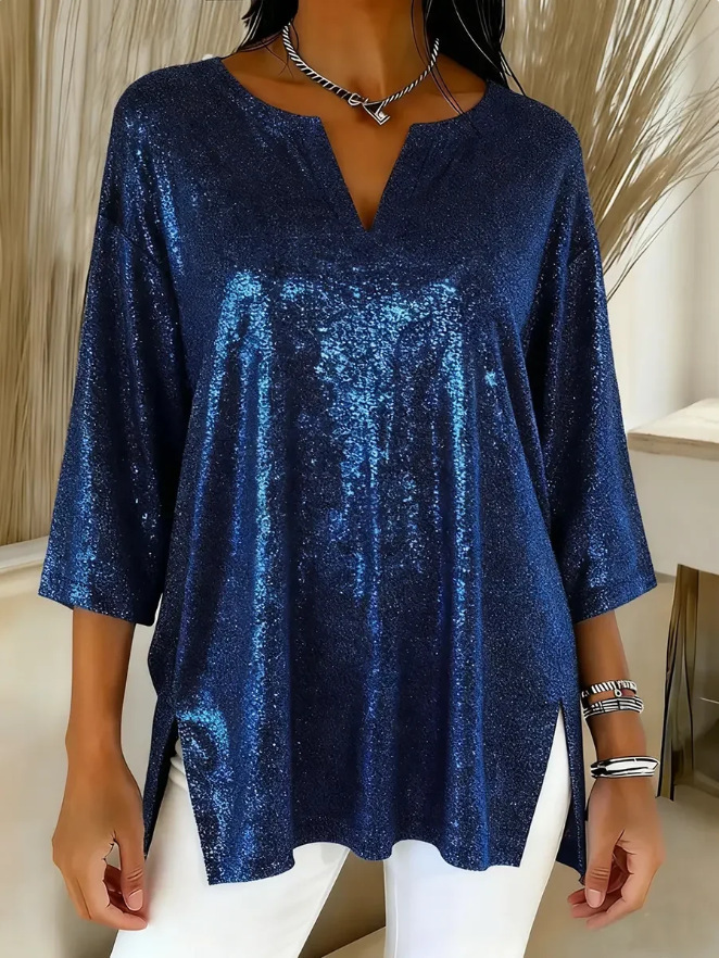 Women's Sequin Tunic Top – Sparkly 3/4 Sleeve Blouse with V Neck for Party, Evening, Holiday & Special Occasions