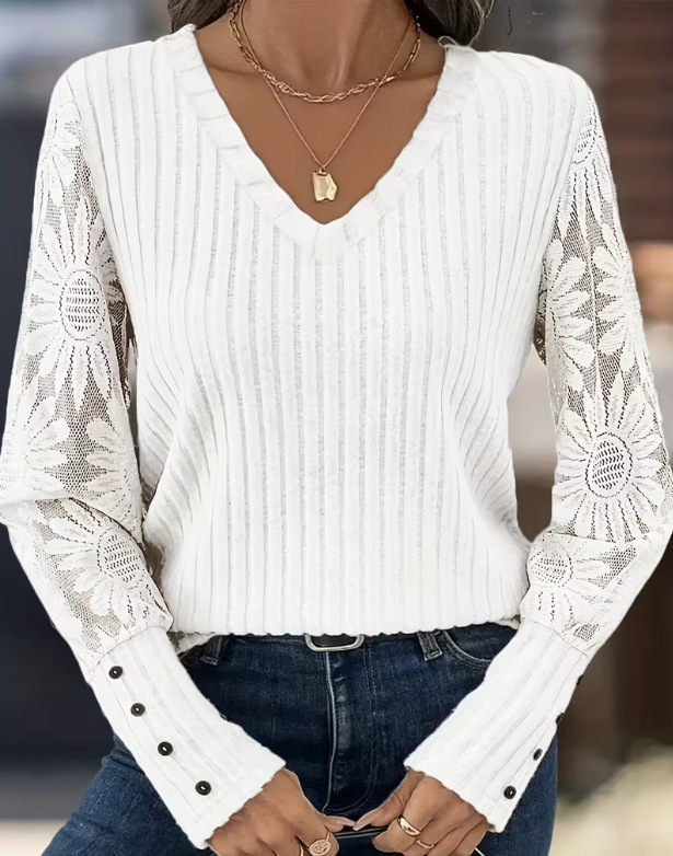 Women's V Neck Long Sleeve Knit Top – Lace Sleeve Ribbed Blouse with Elegant Button Cuff Detail for Casual & Dressy Wear