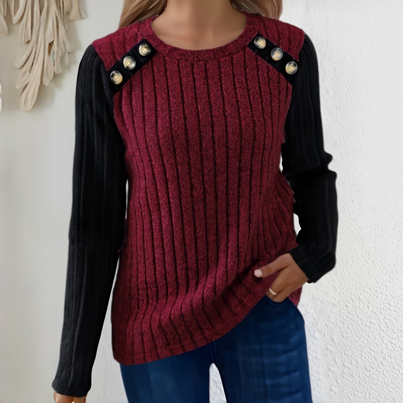 Women’s Ribbed Knit Long Sleeve Sweater – Round Neck Button Shoulder Pullover Top