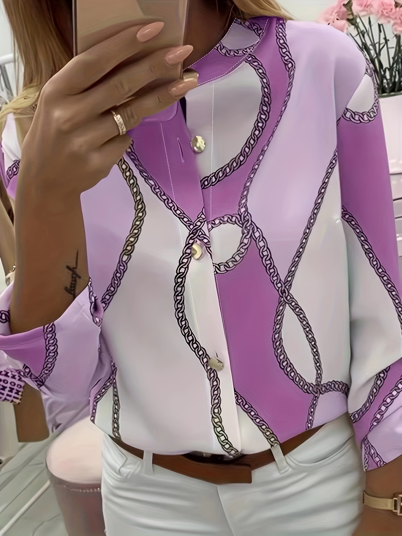 Women’s Casual Button Down Blouse – Long Sleeve Turn-Down Collar Shirt with Chain Print