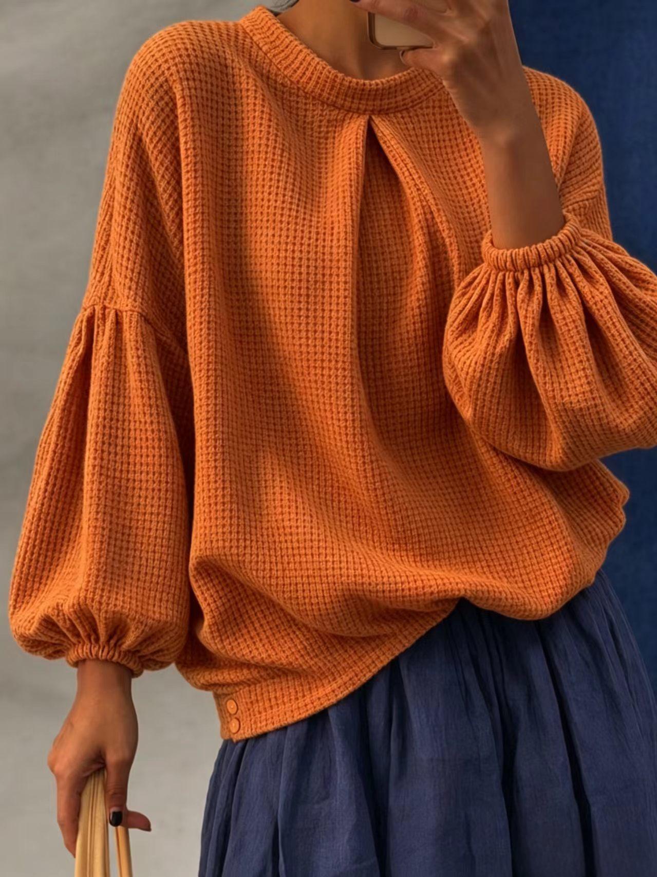 Women's Waffle Knit Puff Sleeve Top, Long Sleeve Crew Neck Casual Pullover Shirt, Loose Fit Textured Blouse for Fall Winter