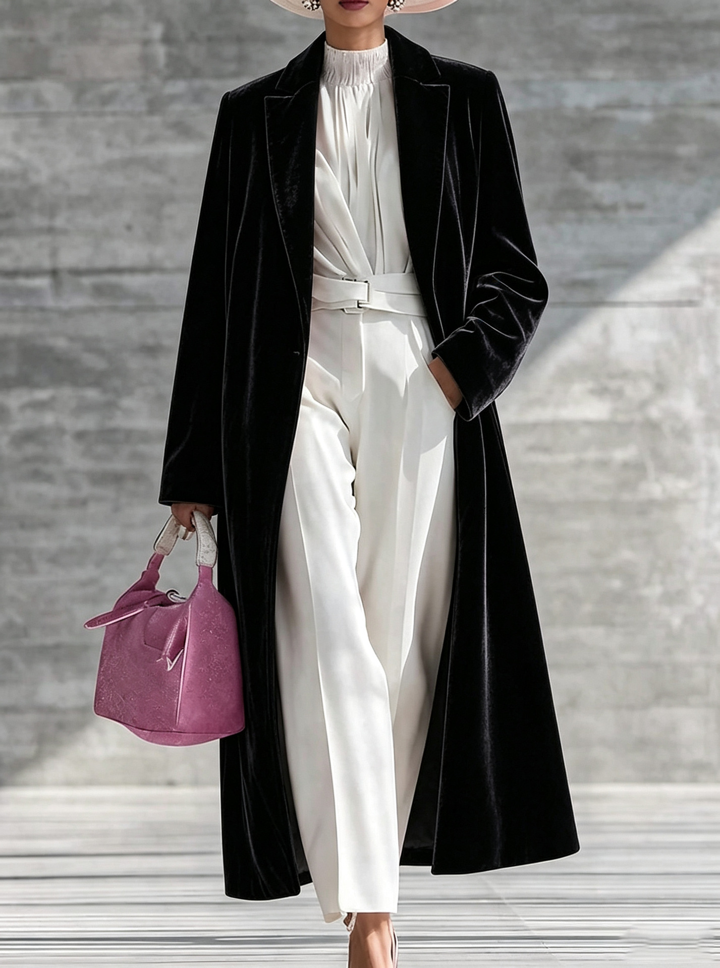 Women's Velvet Long Coat, Elegant Lapel Collar Over Knee Trench Coat, Soft Plush Long Sleeve Open Front Outerwear Jacket for Fall Winter