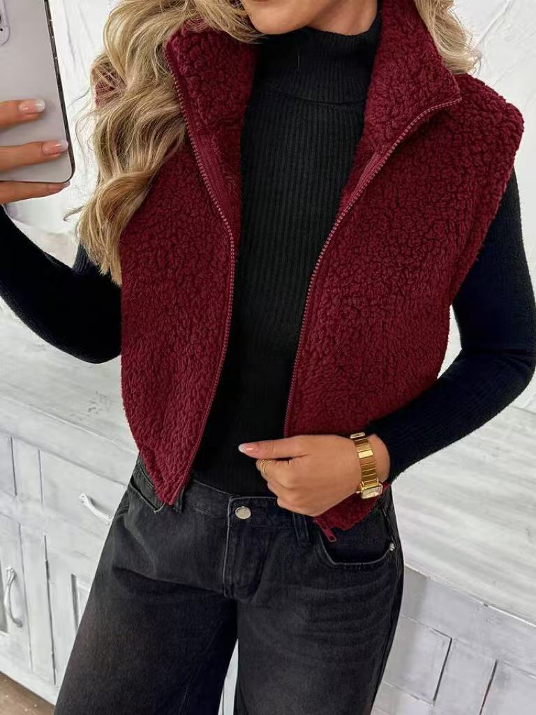Women's Fleece Vest, Soft Polyester Sleeveless Jacket with Stand Collar and Zip Up Front, Casual Warm Fuzzy Vest Outerwear for Fall Winter