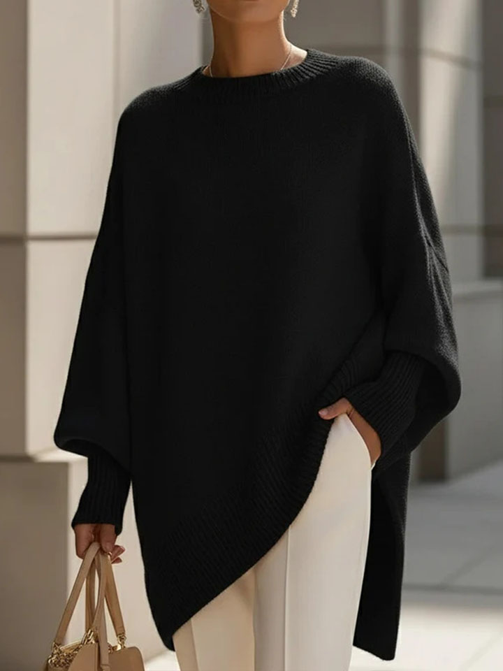 Women Oversized Crew Neck Sweater, Batwing Long Sleeve Asymmetrical Hem Loose Knit Pullover Tunic Top for Fall Winter
