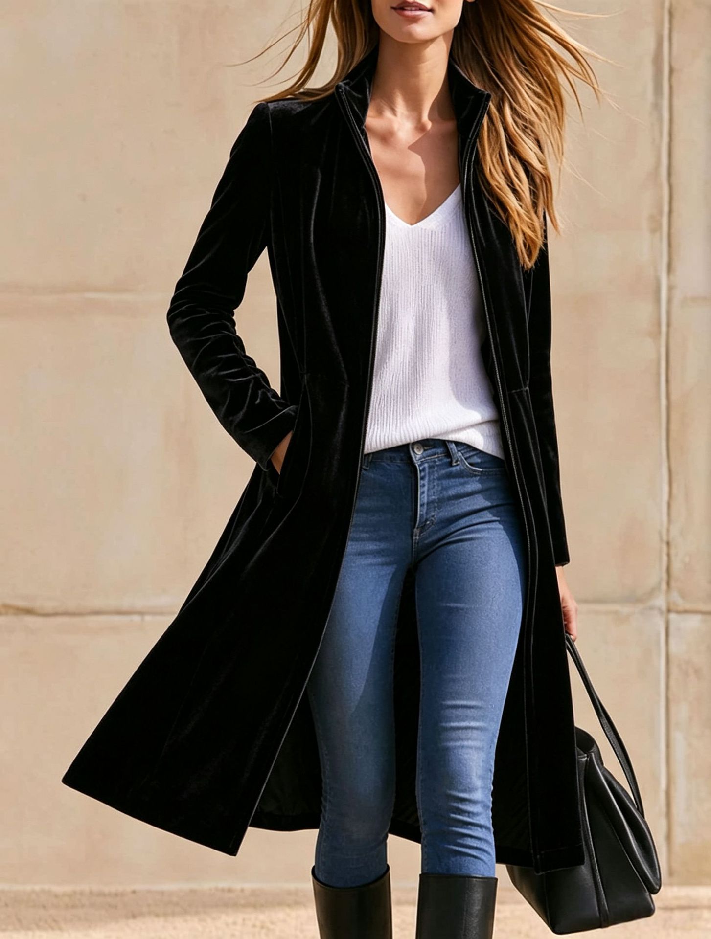 Women's Stand Collar Velvet Long Coat, Full Zip Up Over Knee Retro Velvet Trench Coat, Fall Winter Elegant Outerwear