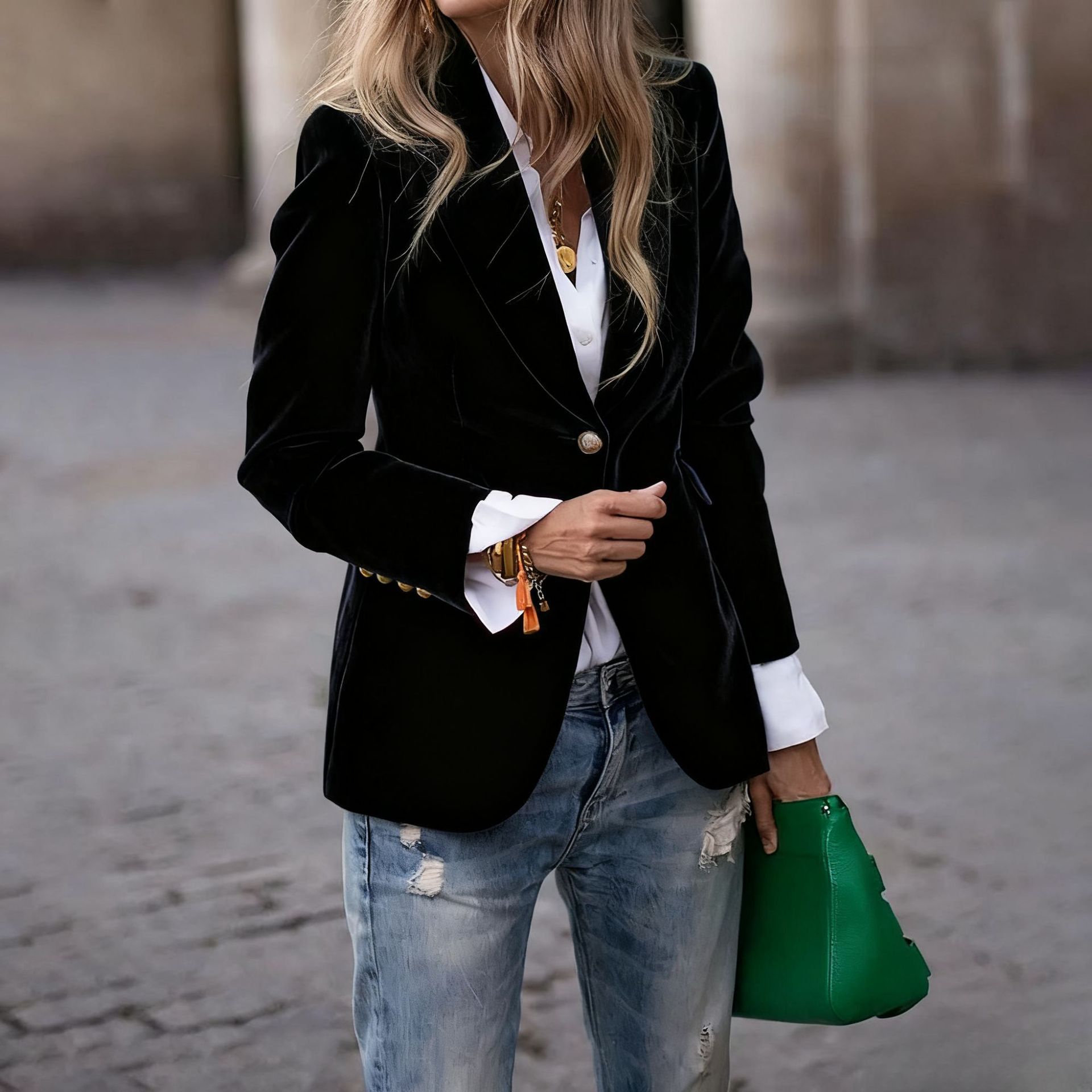 Women's Velvet Blazer, Elegant Lapel Single Button Slim Fit Velvet Suit Jacket, Fall Winter Faux Pocket Long Sleeve Formal Casual Outerwear