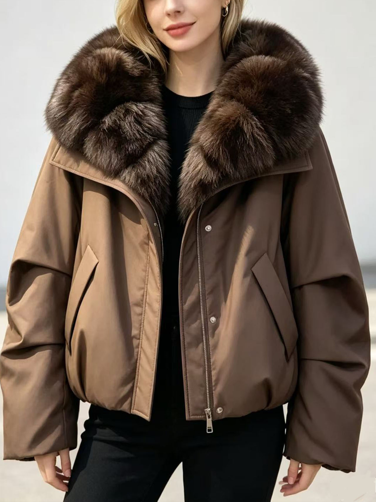 Women's Winter Puffer Jacket with Faux Fur Collar, Polyester Quilted Coat, Warm Short Parka Outerwear, Elegant Casual Winter Jacket for Women