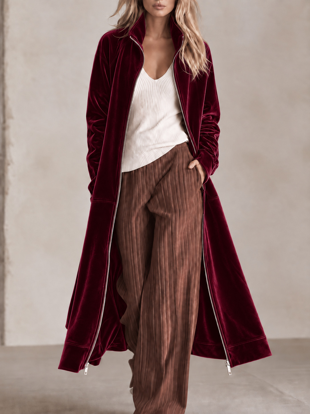 Women's Long Velvet Coat with Zipper Closure, Stand Collar Long Sleeve Jacket, Elegant Casual Lightweight Outerwear for Fall and Winter