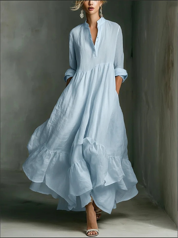 Women's White Maxi Dress, Long Sleeve Button Front Boho Dress with Ruffle Hem, Stand Collar Flowy High Waist Long Dress for Summer Vacation