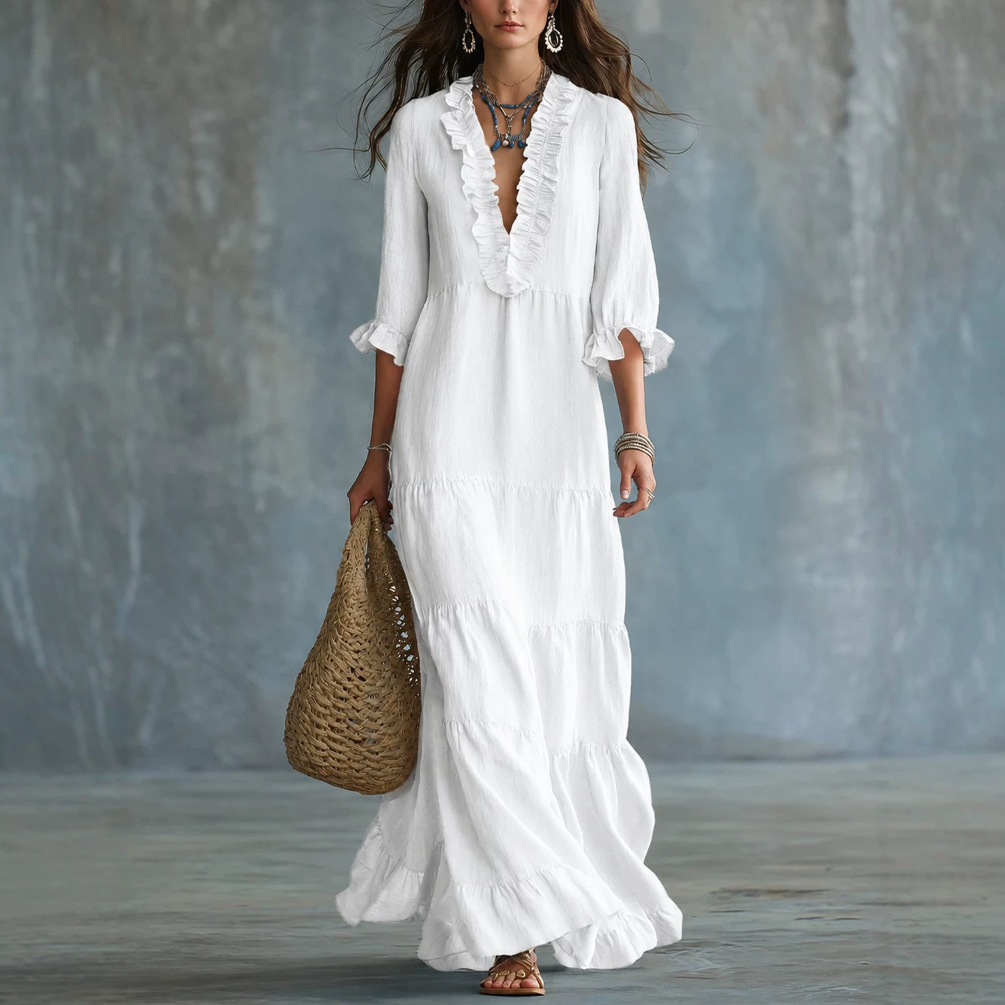 Women's Boho Maxi Dress, Ruffle Deep V Neck 3/4 Sleeve Flowy Tiered Long Dress, Loose Fit Casual Beach Vacation Resort Dress