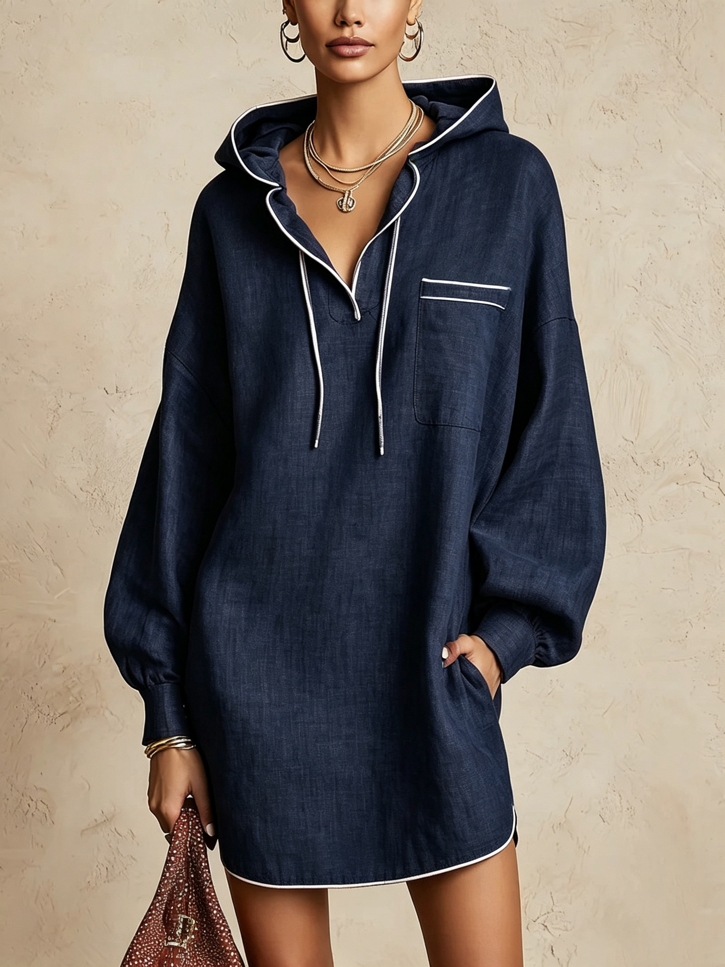 Women's Hooded Mini Dress, Long Sleeve Drawstring Hoodie Dress, Loose Fit Casual Tunic Dress with Contrast Piping and Chest Pocket, Khaki Vacation Outfit