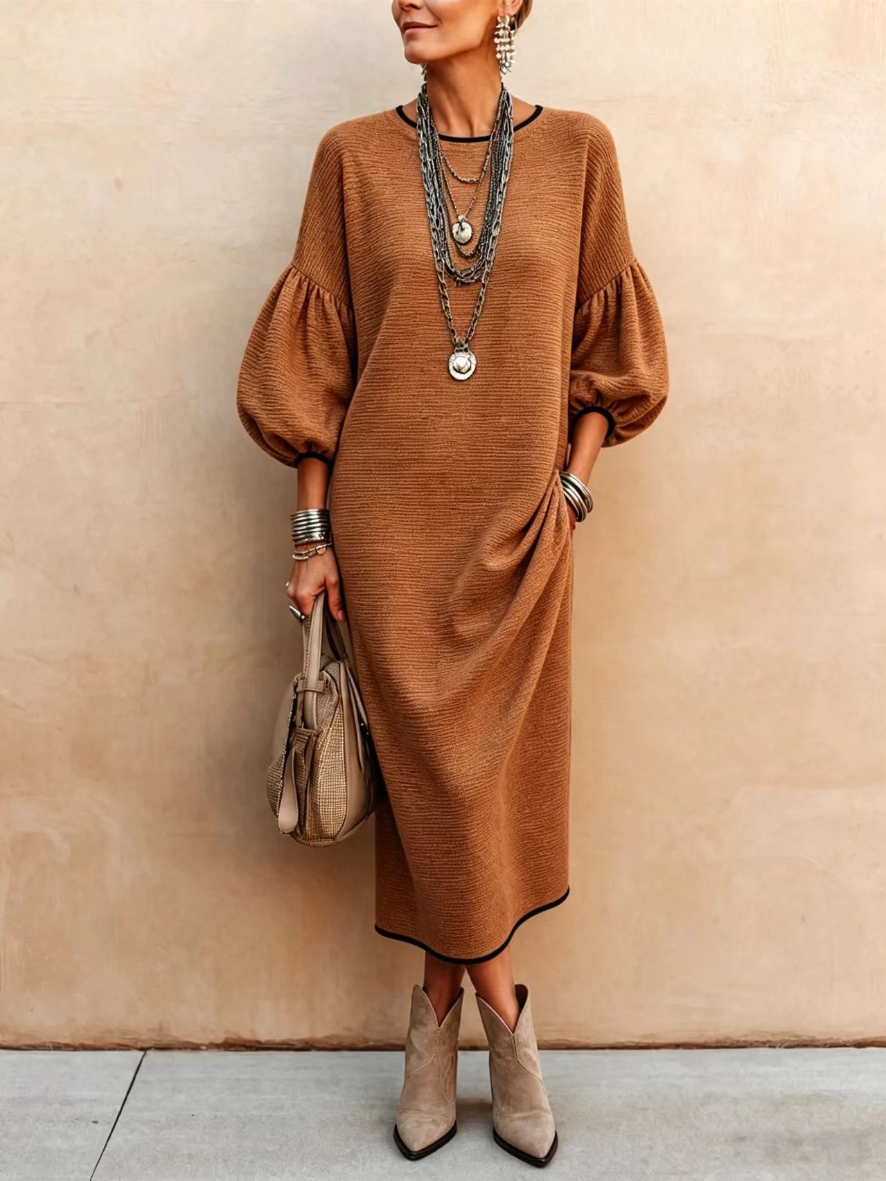 Women's Casual Midi Dress, Textured Long Sleeve Dress with Puff Sleeves, Round Neck Loose Fit Dress with Contrast Black Trim, Elegant Everyday Outfit