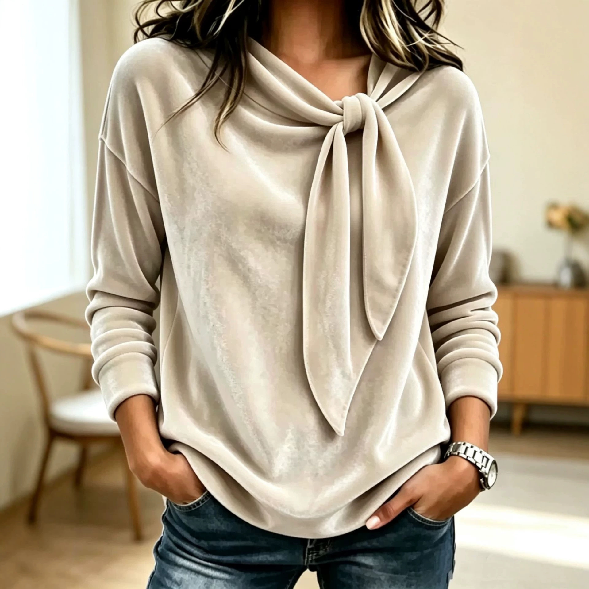 Women's Velvet Bow Neck Top, Long Sleeve Blouse with Tie Neck Detail, Elegant Loose Fit Satin-Look Velvet Shirt for Fall Winter Casual and Dressy Outfits