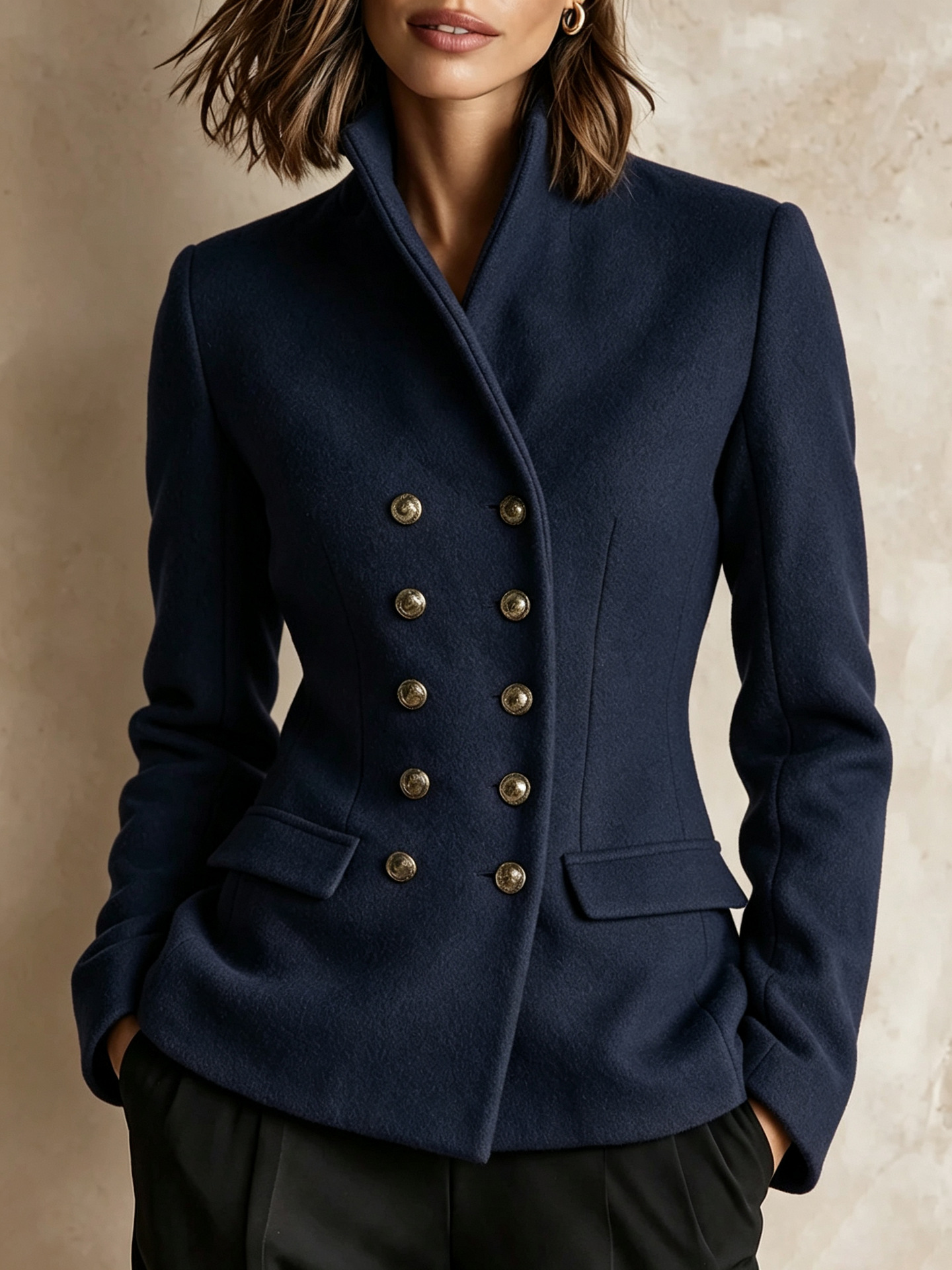 Women's Double-Breasted Blazer Jacket, Elegant Tailored Long Sleeve Blazer with Gold-Tone Buttons, Faux Pocket Design, Slim Waist Fit, Multiple Colors