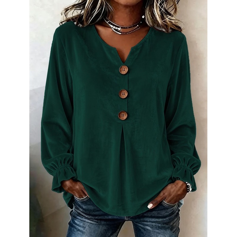 Women's Velvet Long Sleeve Blouse V Neck Button Down Top Soft Casual Loose Fit Shirt Elegant Fall Winter Pullover-gemscharms