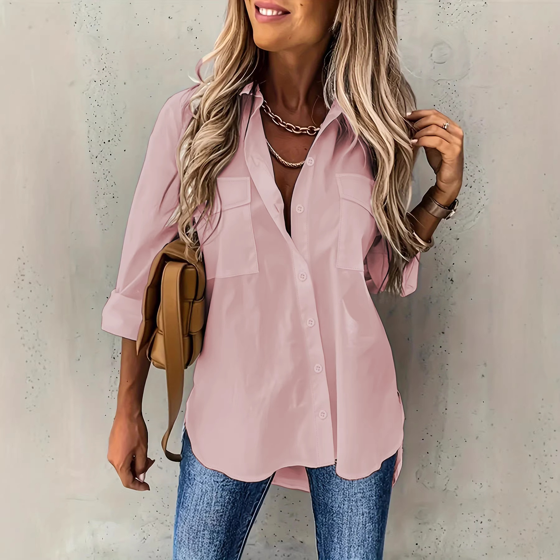 Women's White Button Down Shirt Long Sleeve Casual Blouse Oversized Collared Shirt with Pocket Loose Fit Office Work Top for Women