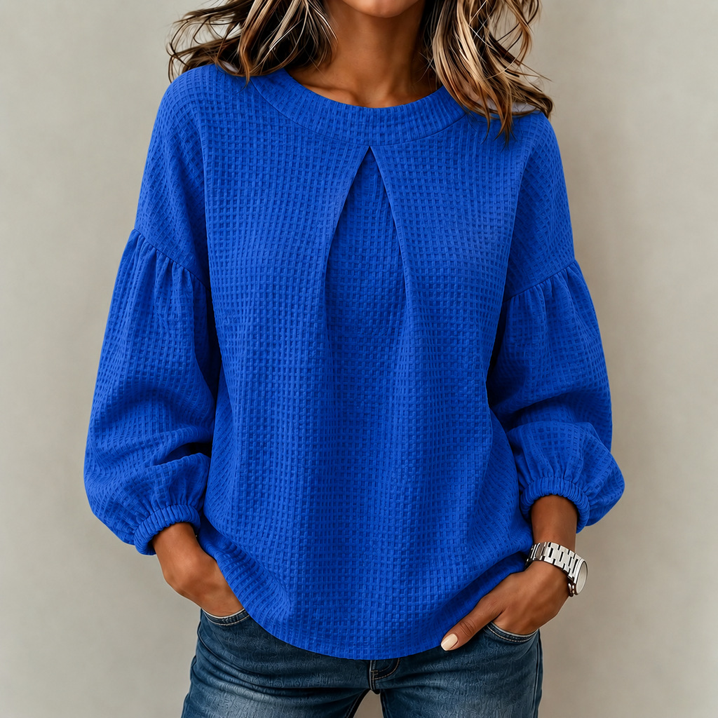 Women’s Solid Waffle Knit Lantern Sleeve Crew Neck Long Sleeve Tops