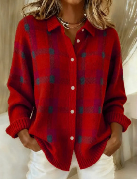 Women’s Plaid Knit Cardigan Sweater – Casual Loose Fit Button Down Long Sleeve Collared Shirt Jacket