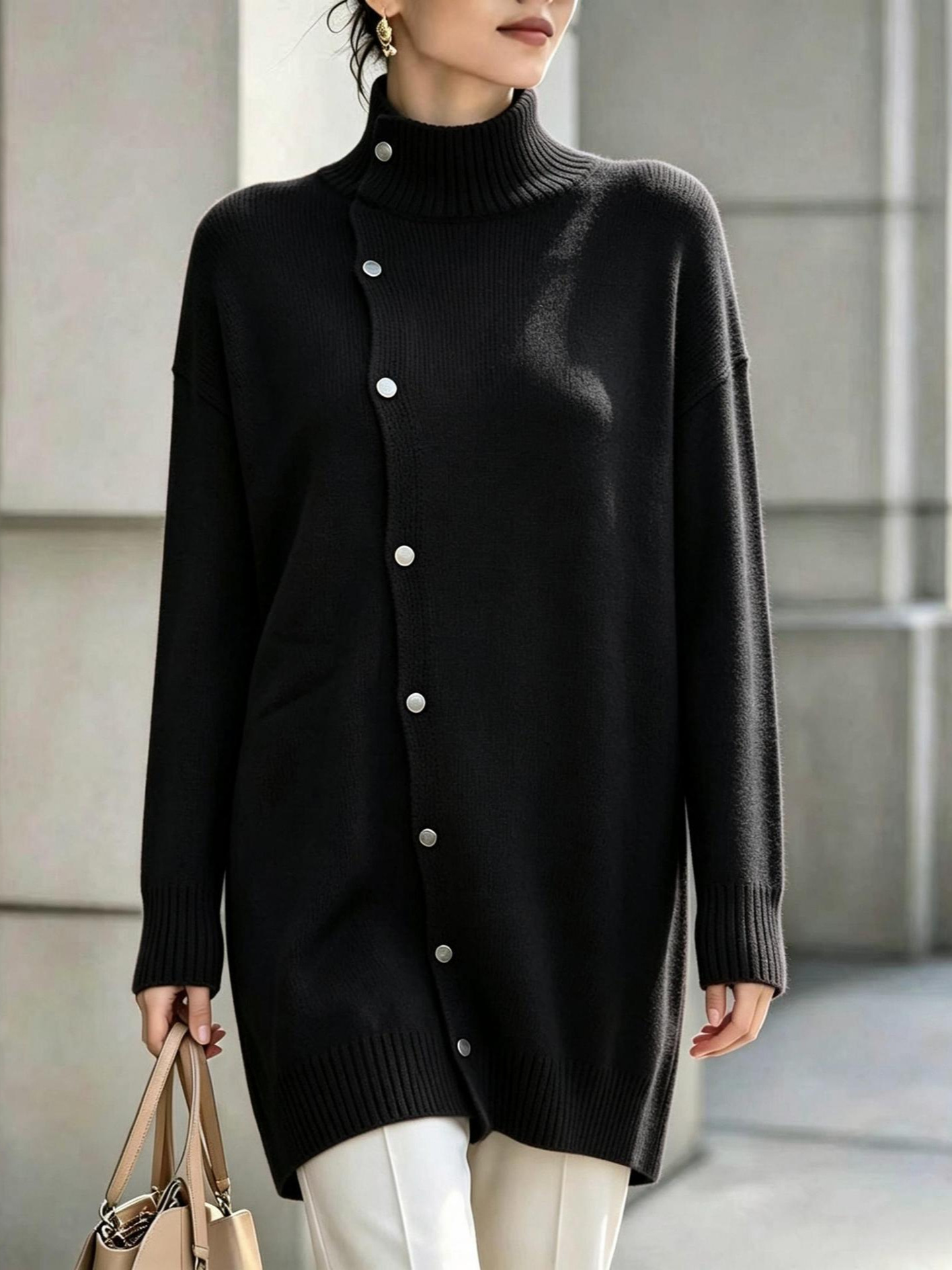 Women’s Turtleneck Button Front Sweater – Long Sleeve Oversized Knit Pullover Casual Cardigan Top