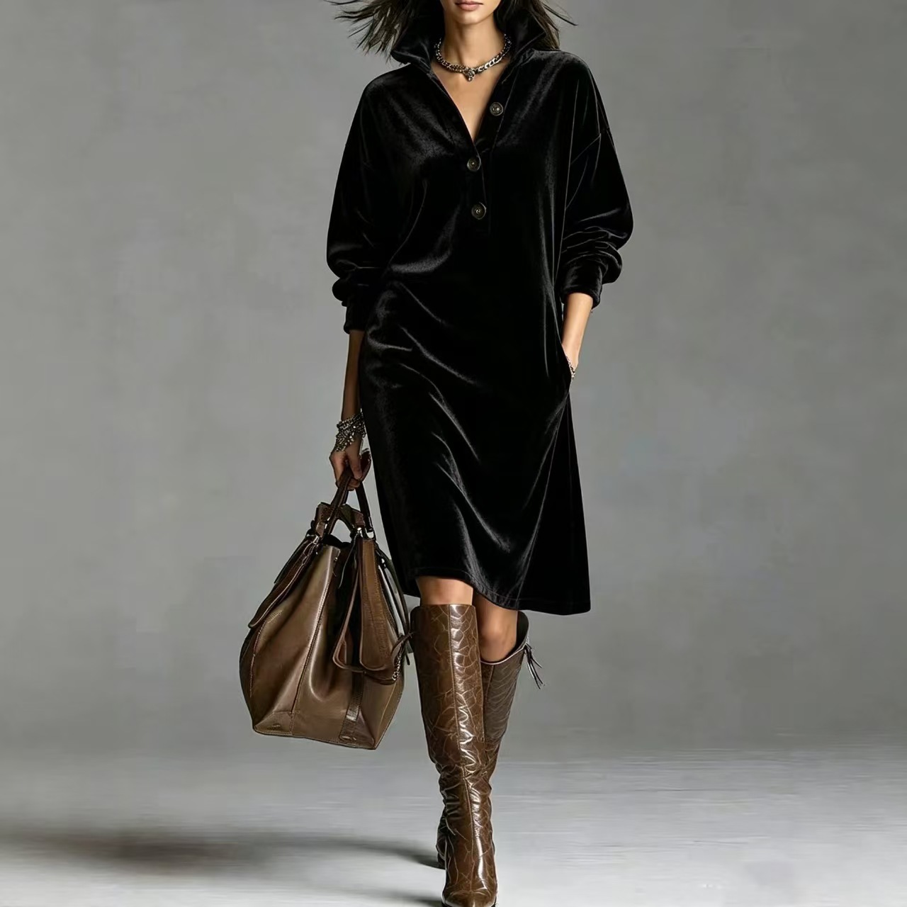 Women’s Velvet Shirt Dress – Long Sleeve Button Down Loose Fit Midi Dress