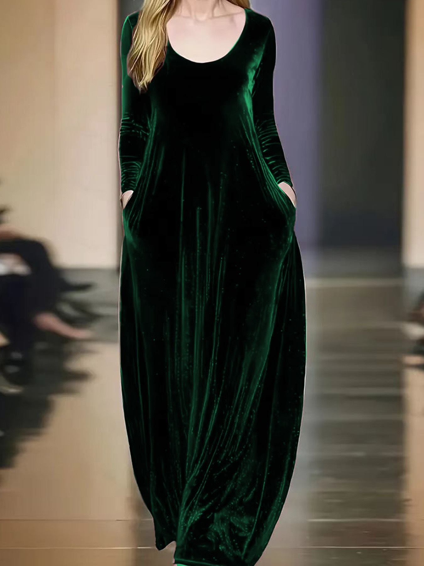 Women’s Long Sleeve Velvet Maxi Dress with Pockets