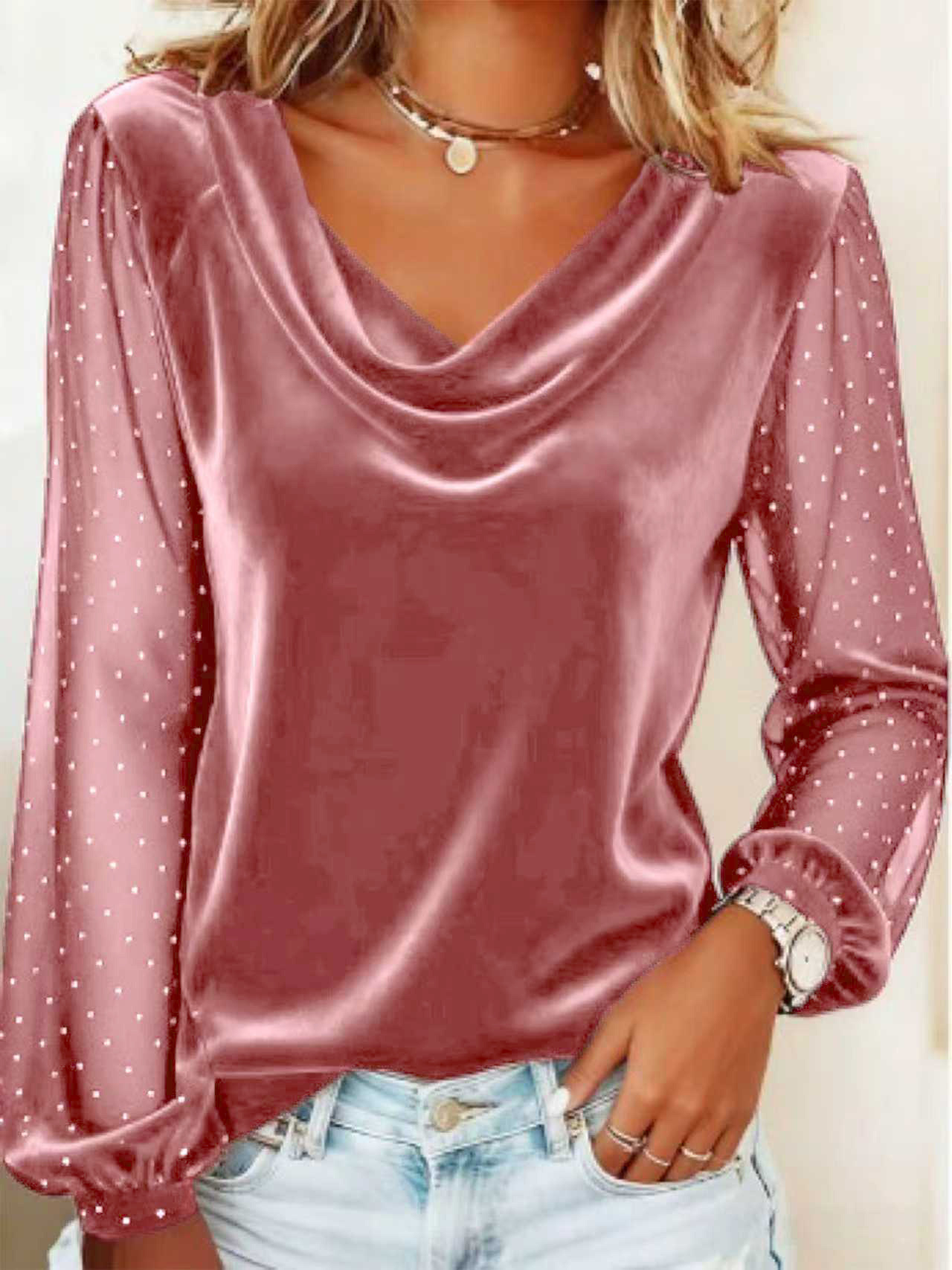 Women's Velvet Blouse Long Sleeve Sheer Mesh Sleeve Top Elegant Cowl Neck Party Casual Shirt