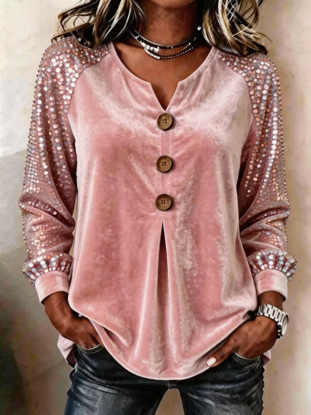 Women's Velvet Blouse Long Sleeve Sequin Sleeve Top V Neck Button Down Elegant Party Casual Shirt