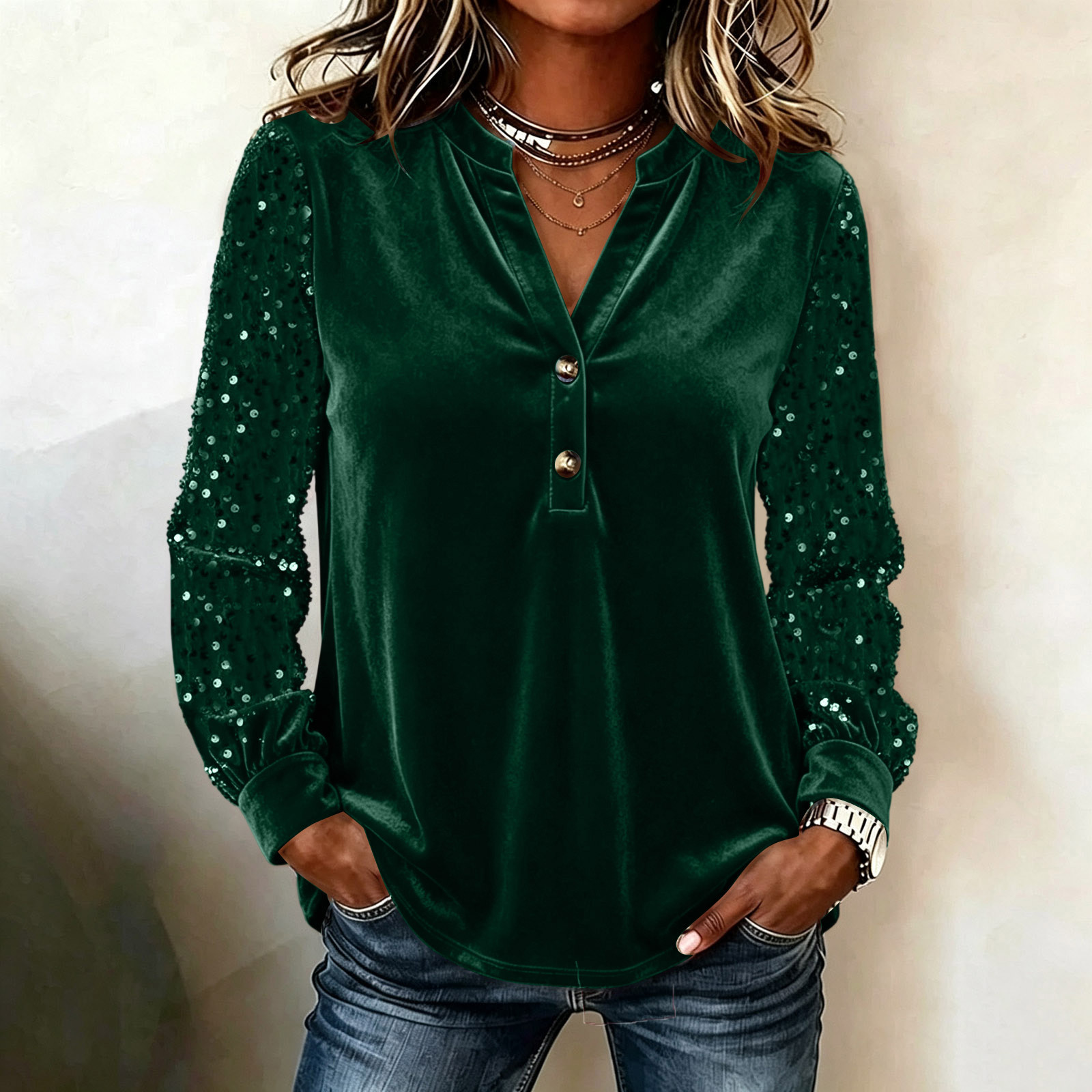 Women's Velvet Blouse Long Sleeve Sequin Sleeve Top V Neck Button Front Elegant Party Casual Shirt