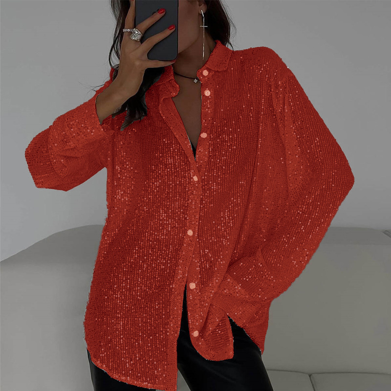 Women's Velvet Blouse Long Sleeve Sequin Sleeve Top V Neck Button Front Elegant Party Casual Shirt