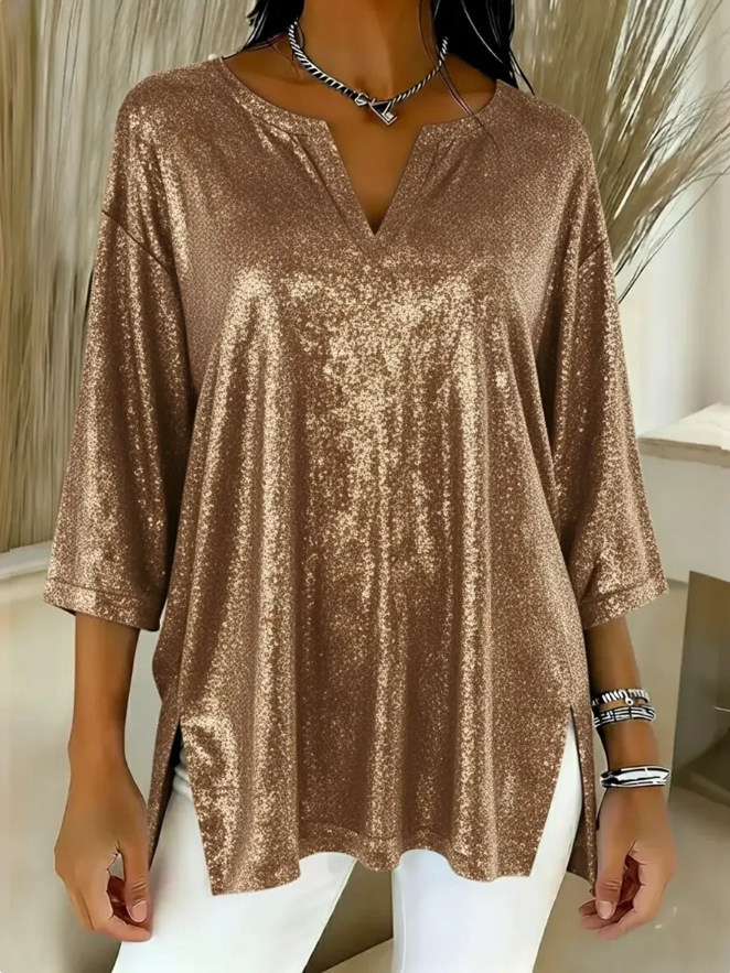Women's Sequin Tunic Top – Sparkly 3/4 Sleeve Blouse with V Neck for Party, Evening, Holiday & Special Occasions