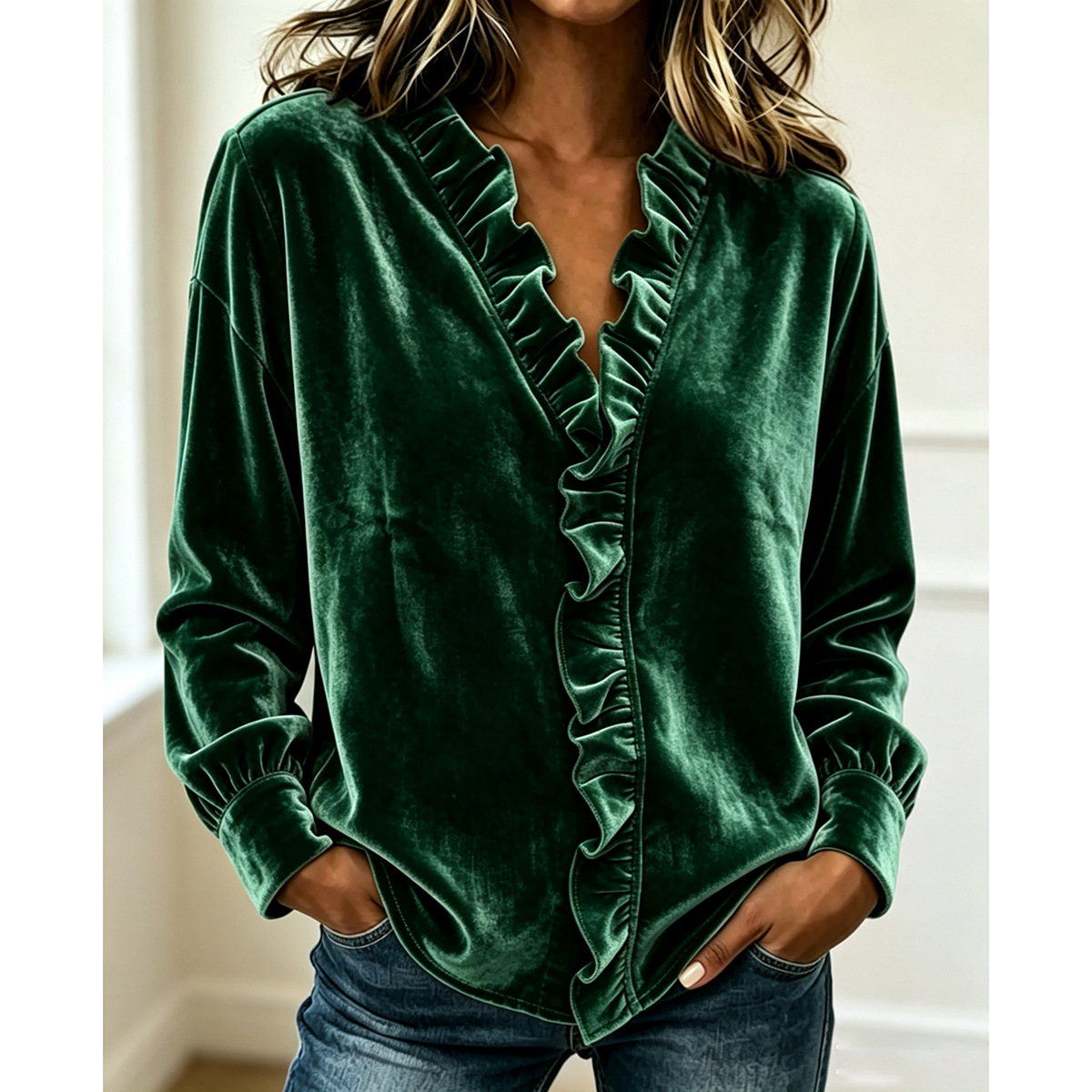 Women's Velvet V Neck Blouse Long Sleeve Ruffle Trim Tops Soft Casual Loose Fit Pullover Shirt Elegant Fall Winter Fashion Shirt