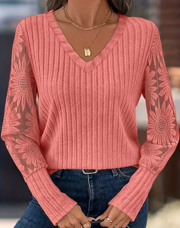 Women's V Neck Long Sleeve Knit Top – Lace Sleeve Ribbed Blouse with Elegant Button Cuff Detail for Casual & Dressy Wear