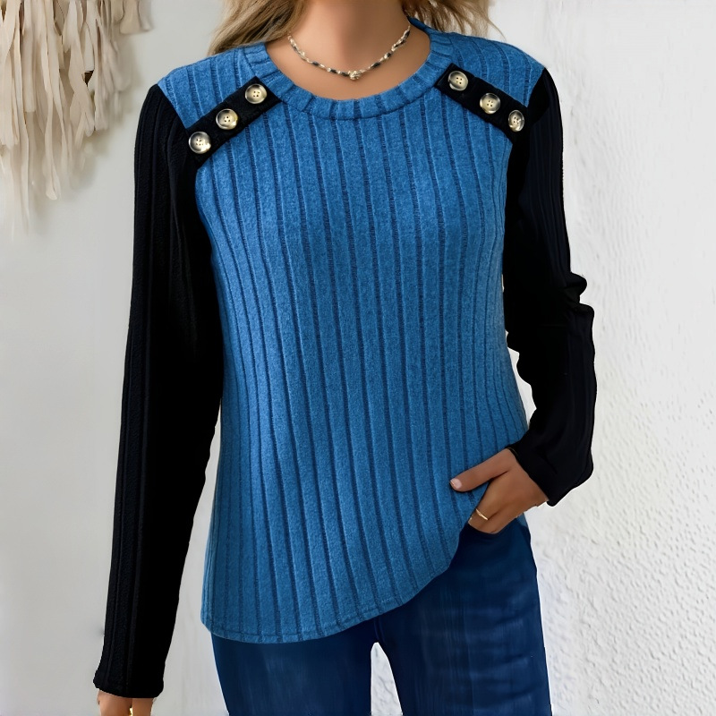 Women’s Ribbed Knit Long Sleeve Sweater – Round Neck Button Shoulder Pullover Top