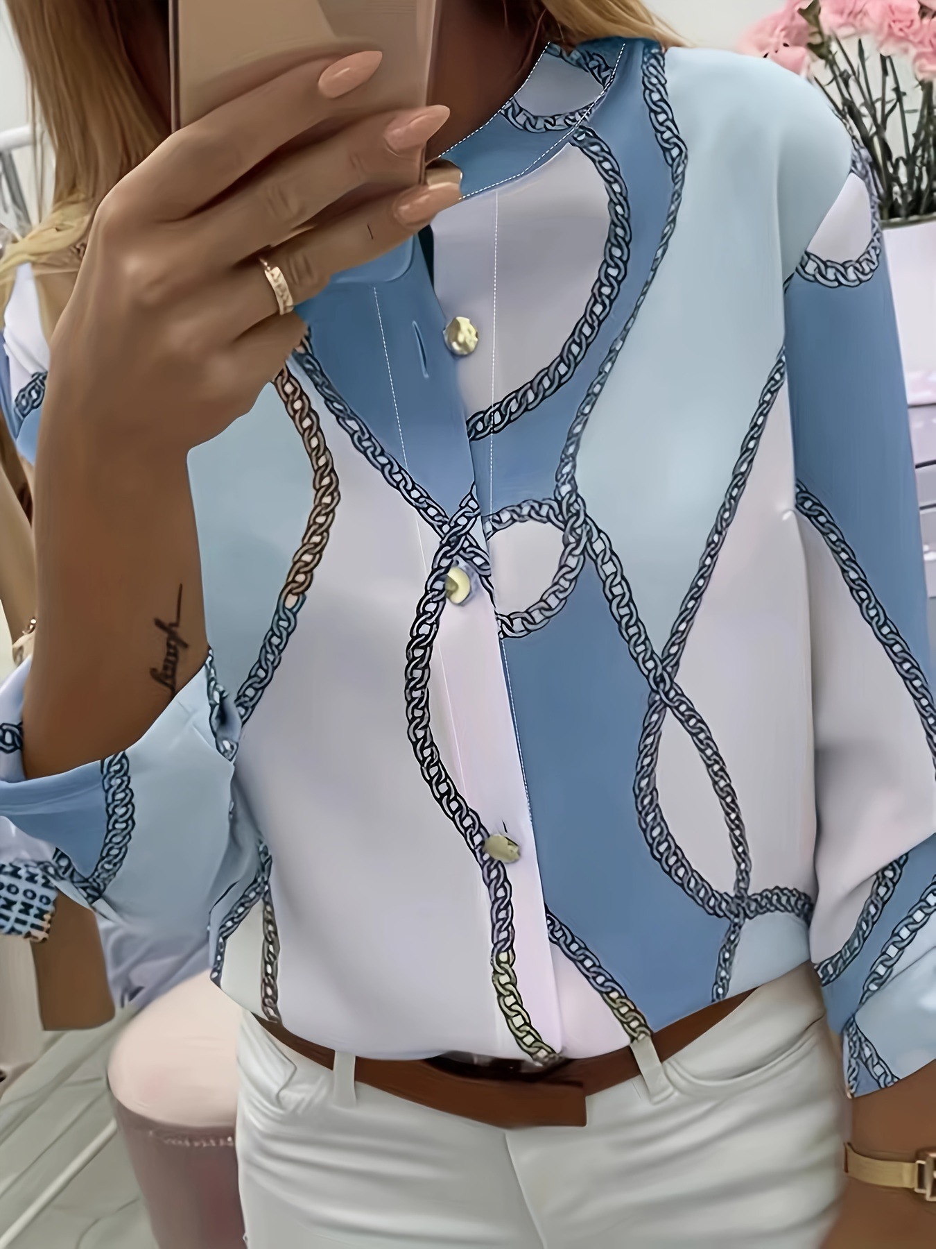 Women’s Casual Button Down Blouse – Long Sleeve Turn-Down Collar Shirt with Chain Print