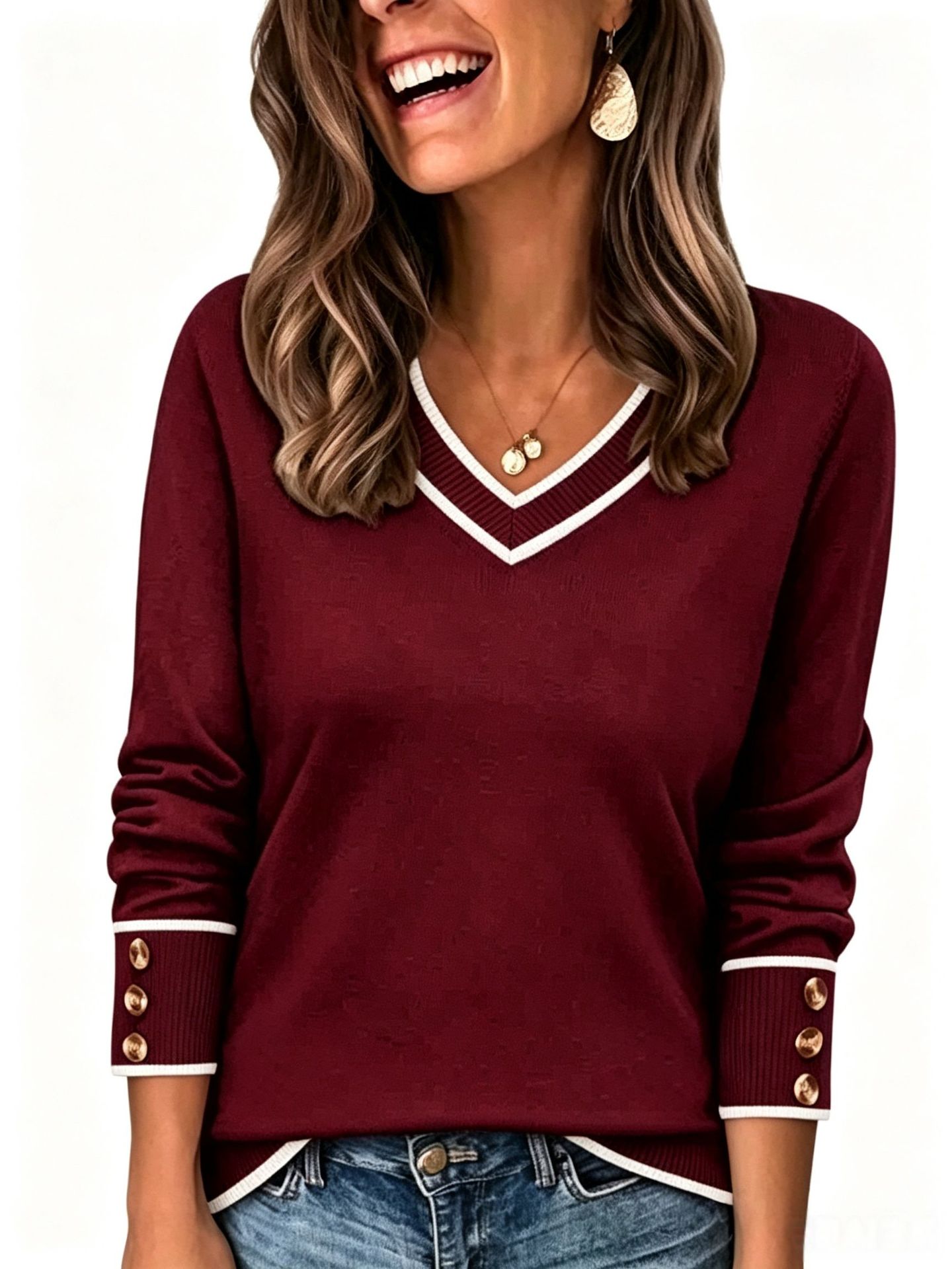 Women’s V Neck Knit Sweater Long Sleeve Pullover Tops with Contrast Trim Cuffs Button Detail Casual Loose Fit Sweater Shirt Fall Winter Fashion Clothing