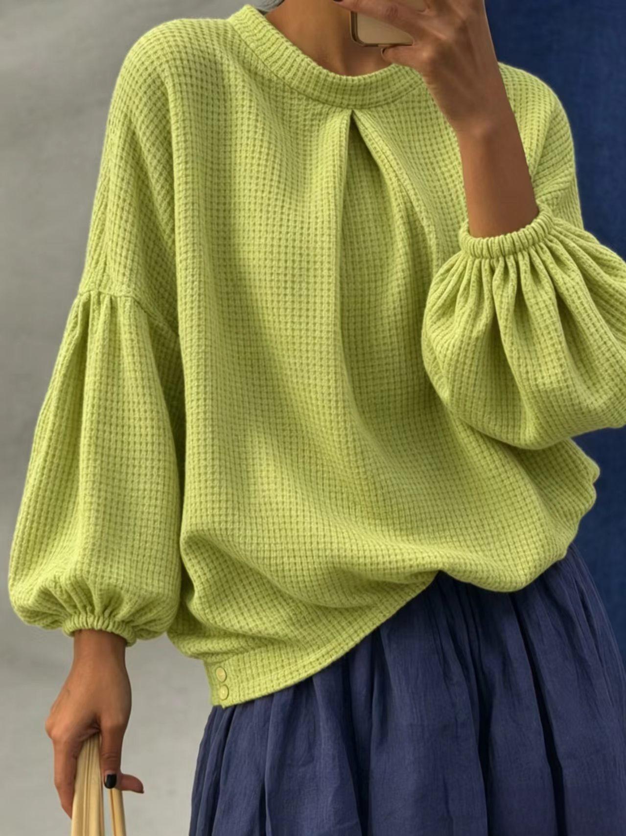 Women's Waffle Knit Puff Sleeve Top, Long Sleeve Crew Neck Casual Pullover Shirt, Loose Fit Textured Blouse for Fall Winter