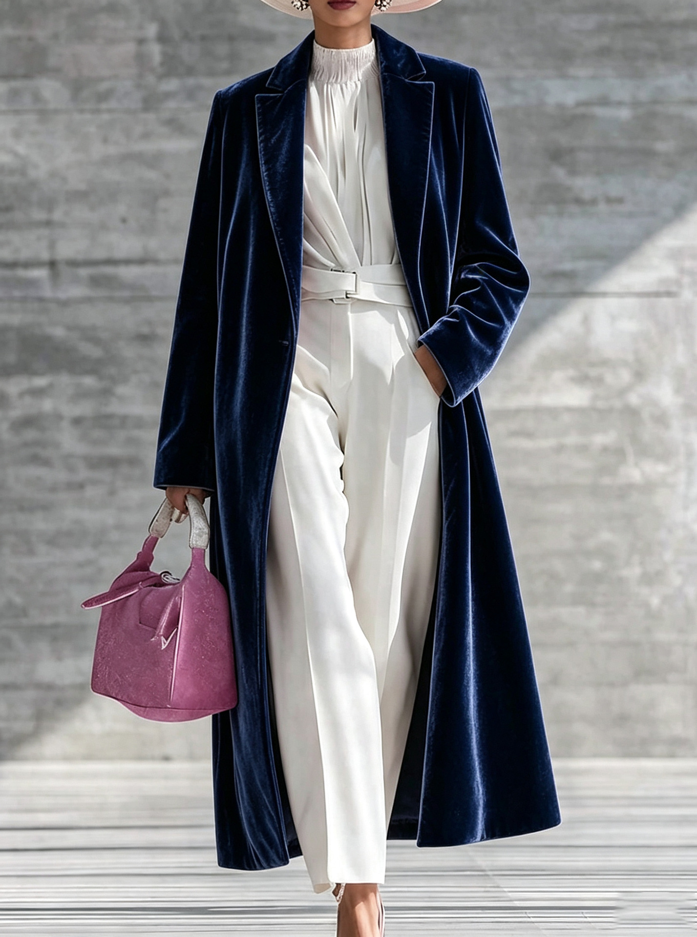Women's Velvet Long Coat, Elegant Lapel Collar Over Knee Trench Coat, Soft Plush Long Sleeve Open Front Outerwear Jacket for Fall Winter