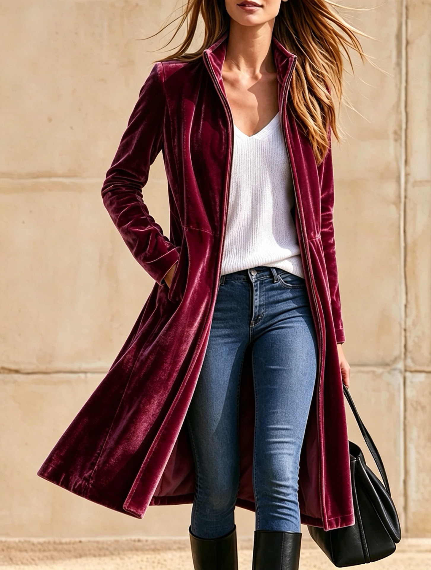 Women's Stand Collar Velvet Long Coat, Full Zip Up Over Knee Retro Velvet Trench Coat, Fall Winter Elegant Outerwear