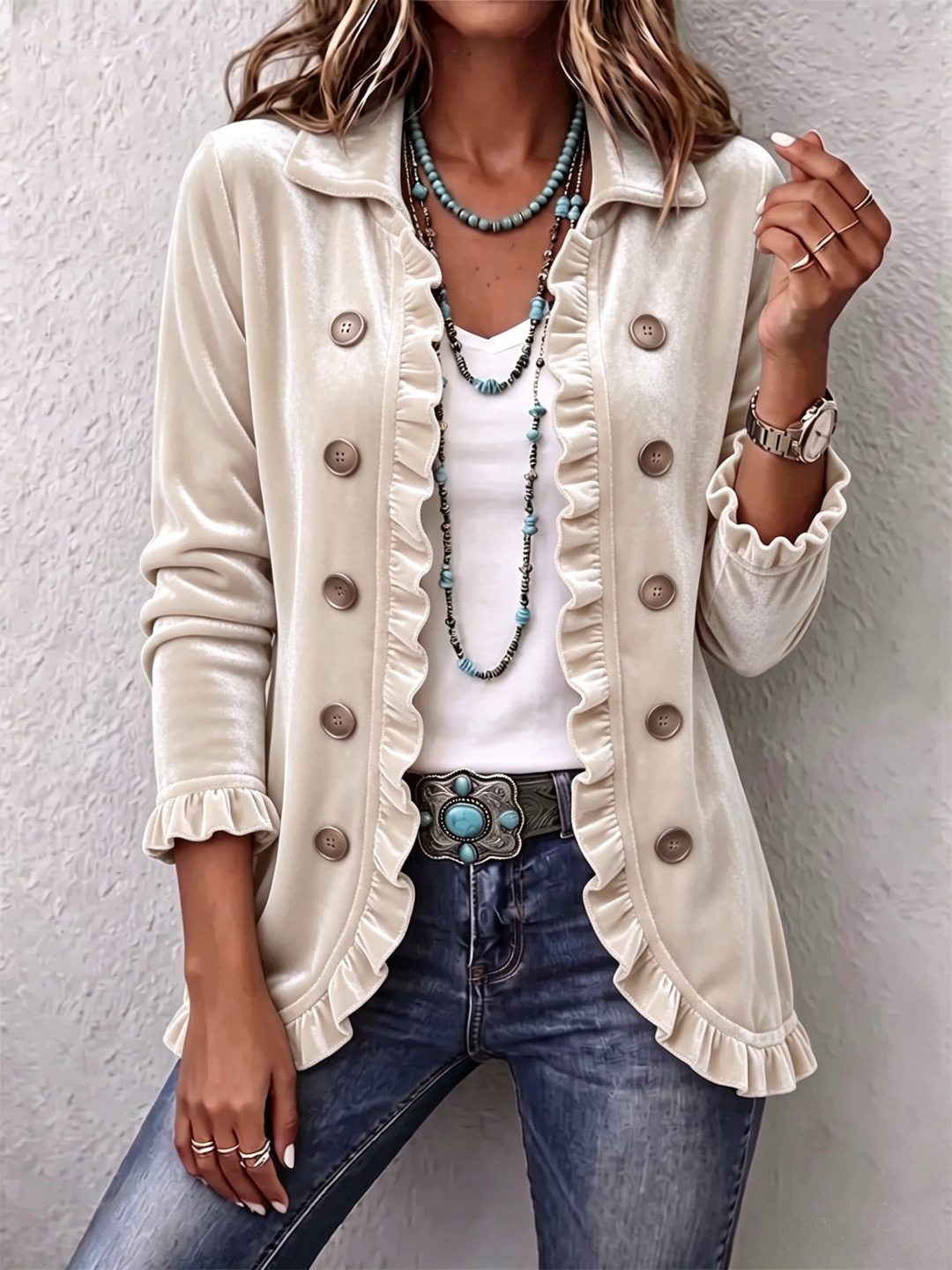 Women's Velvet Button Down Jacket, Long Sleeve Ruffle Trim Collared Velour Open Front Cardigan Coat, Fall Winter Casual Outerwear